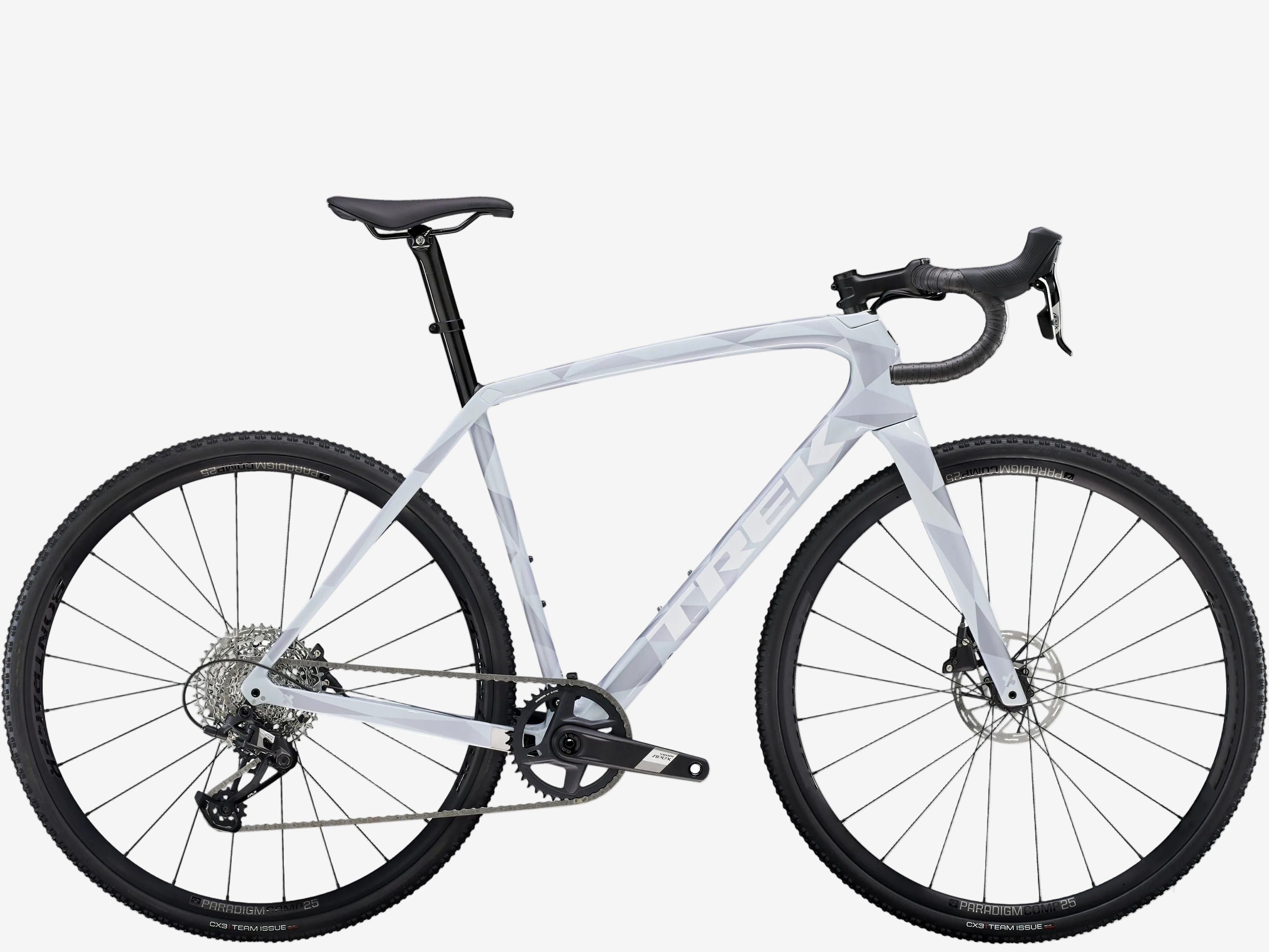 White bicycle with black components on a white background