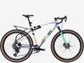 Bicycle with a white frame and teal accents on a white background