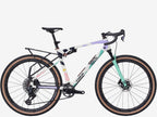 Bicycle with a white frame and teal accents on a white background