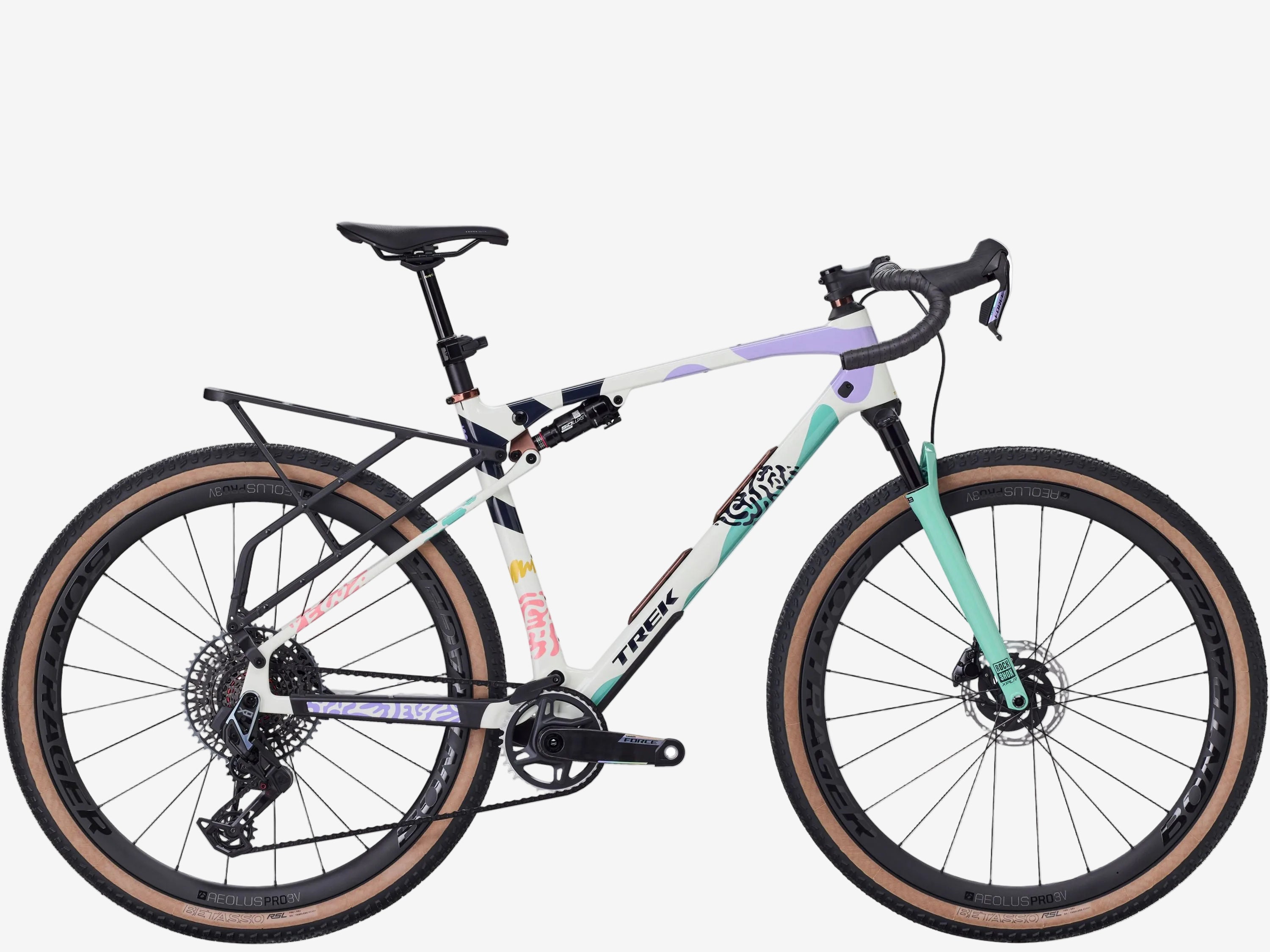 Bicycle with a white frame and teal accents on a white background