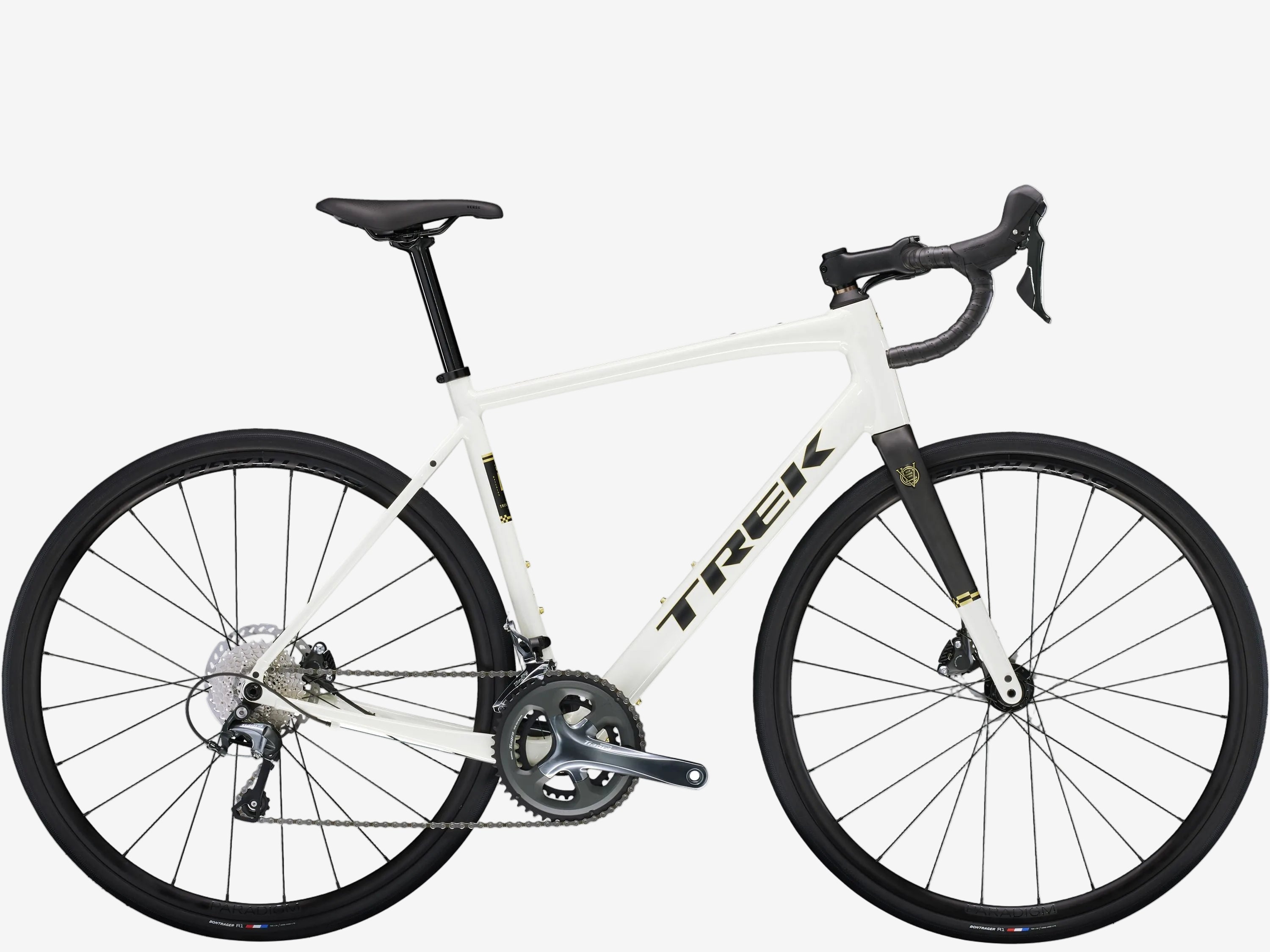White bicycle with black components on a white background