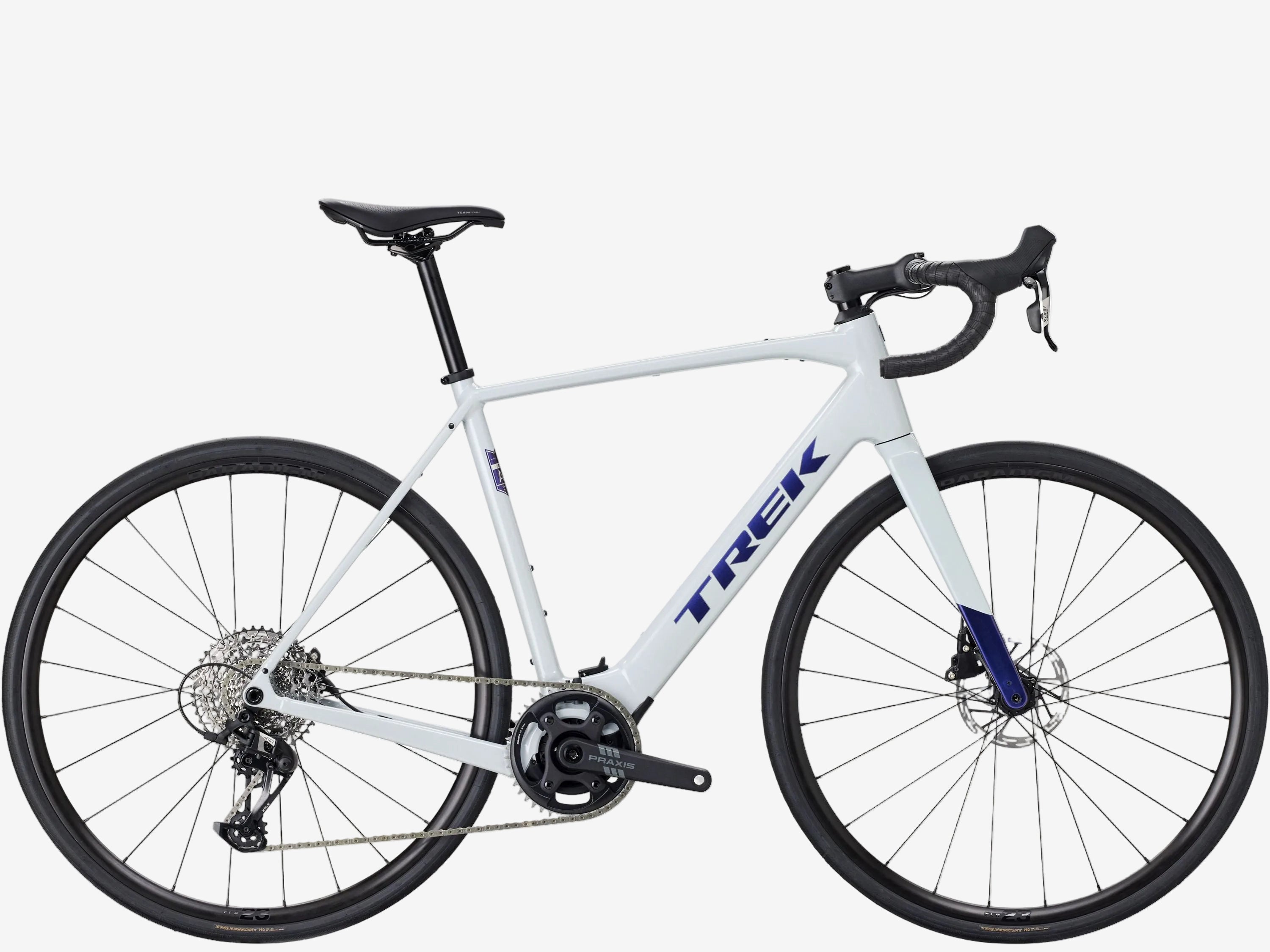White bicycle with black components on a white background