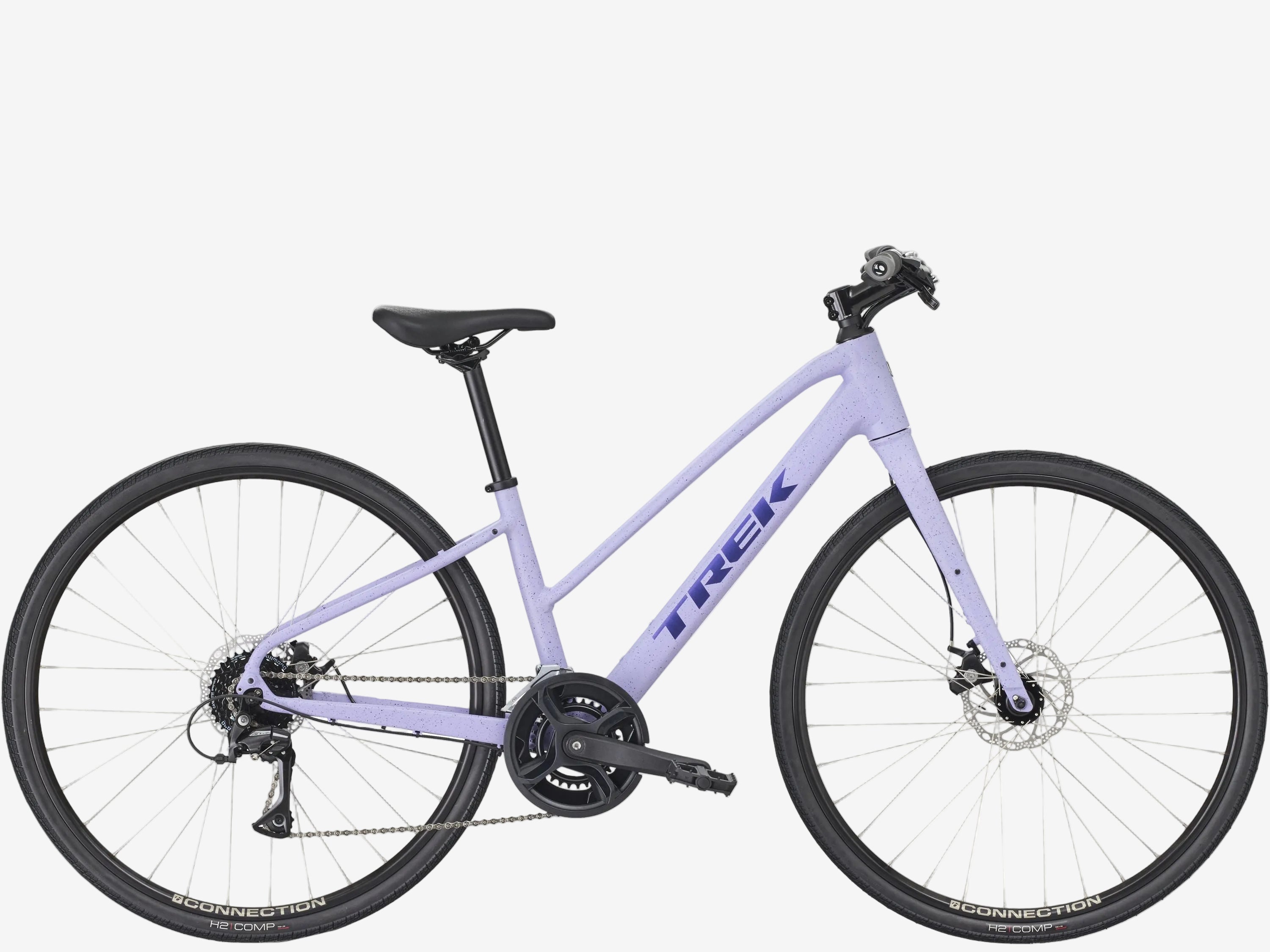 Purple bicycle with 'Trek' branding on a white background