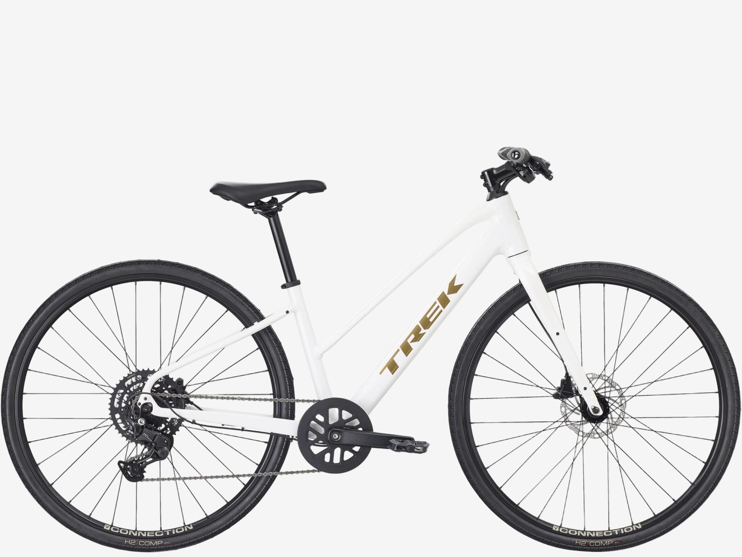 White bicycle with 'Trek' branding on a white background