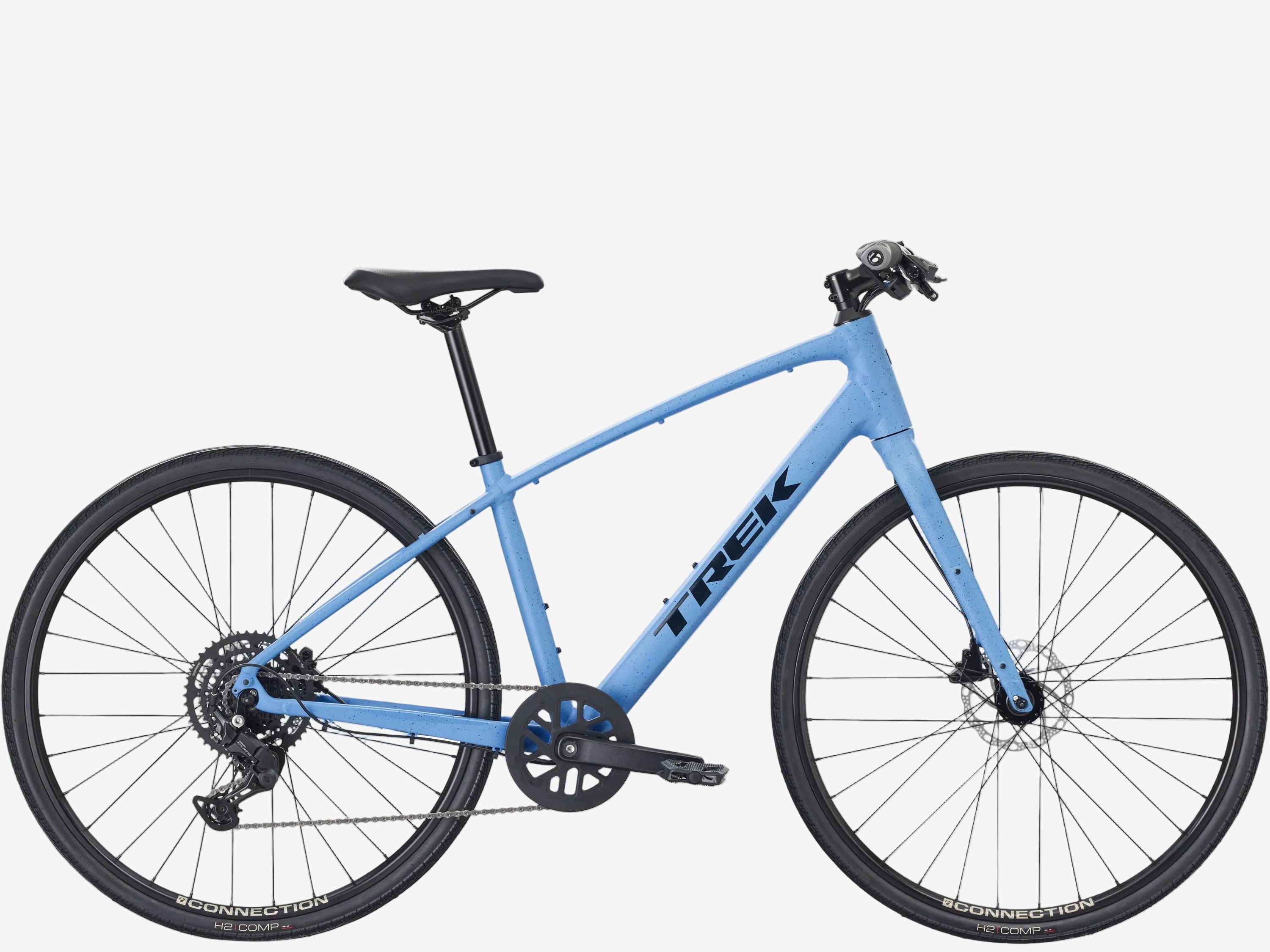 Blue bicycle with 'Trek' branding on a white background