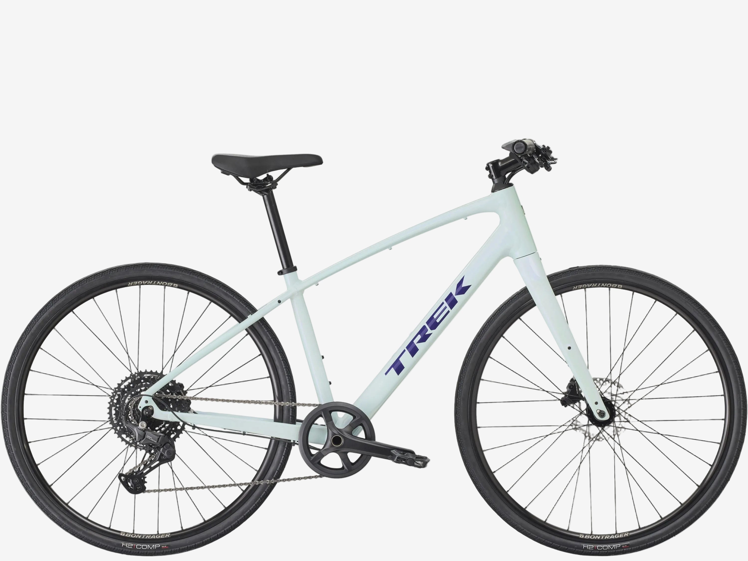 Light blue bicycle with black wheels on a white background