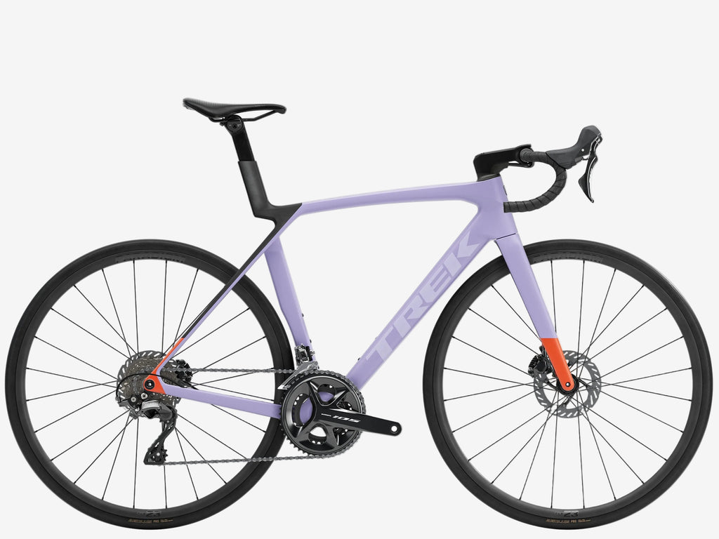 Purple bicycle with black components on a white background