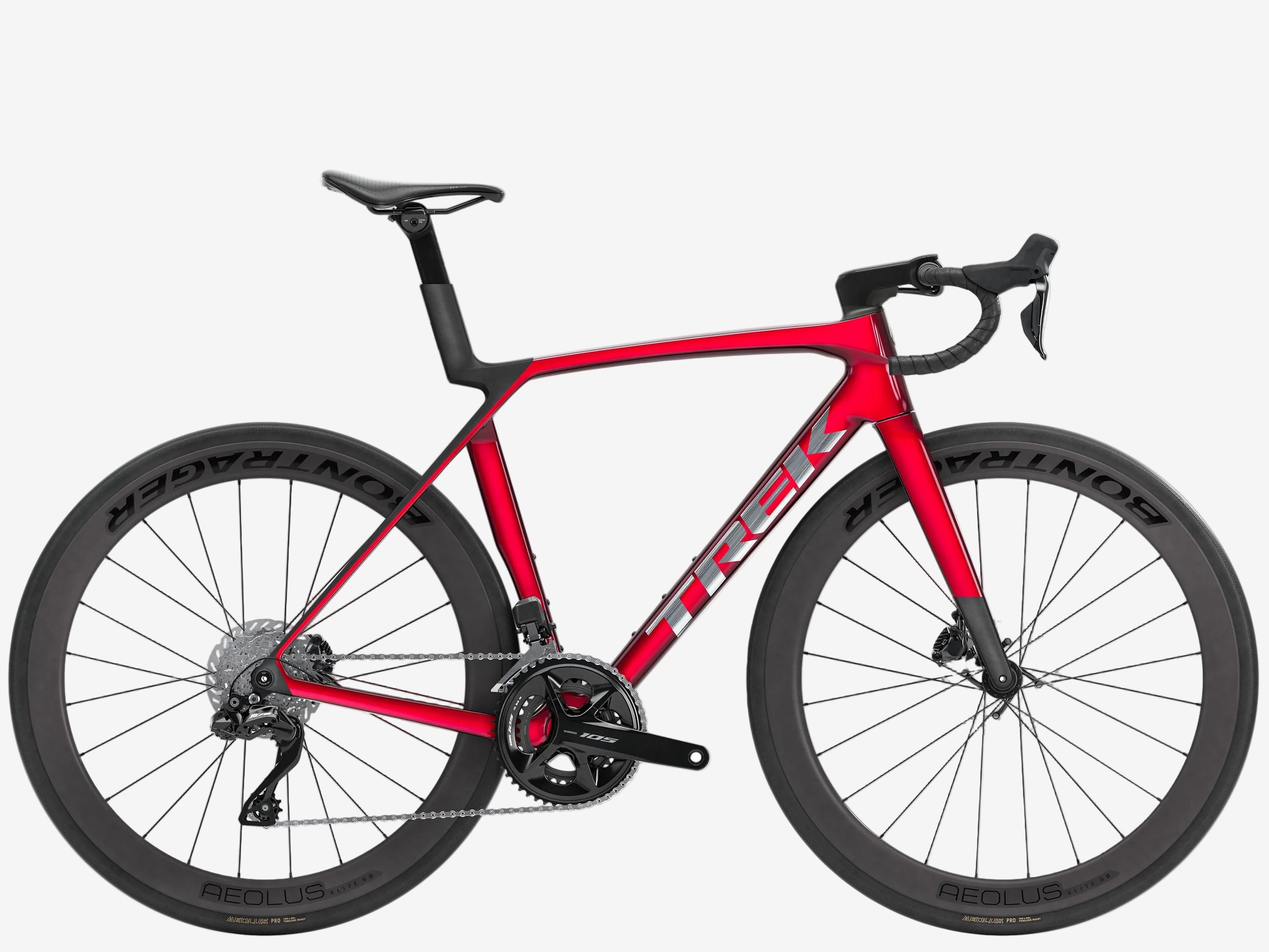 Red bicycle with black components on a white background