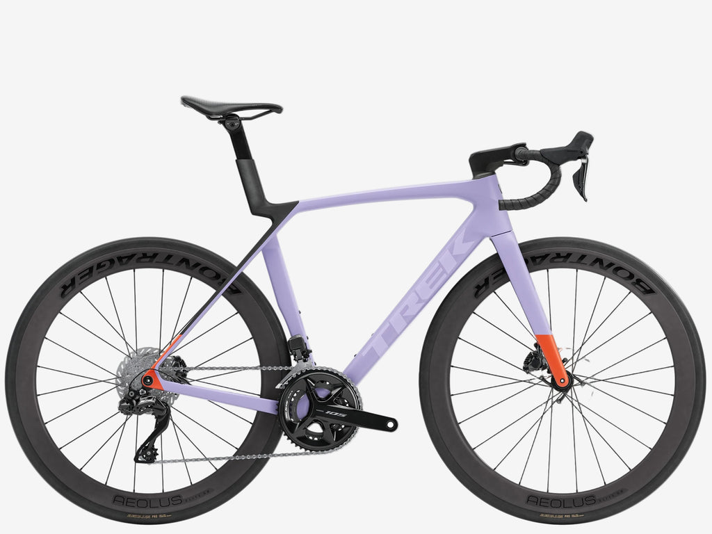 Purple bicycle with black and orange accents on a white background