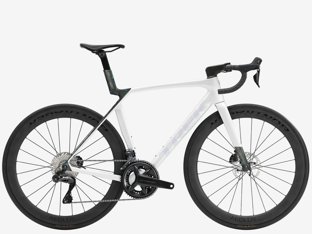 White bicycle with black tires on a white background