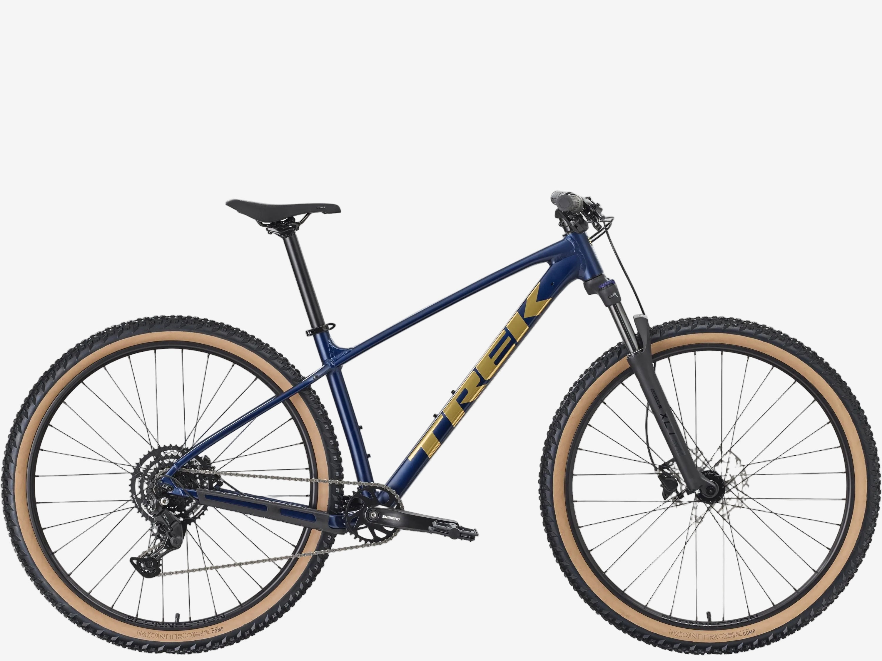 Blue mountain bike with gold accents on a white background