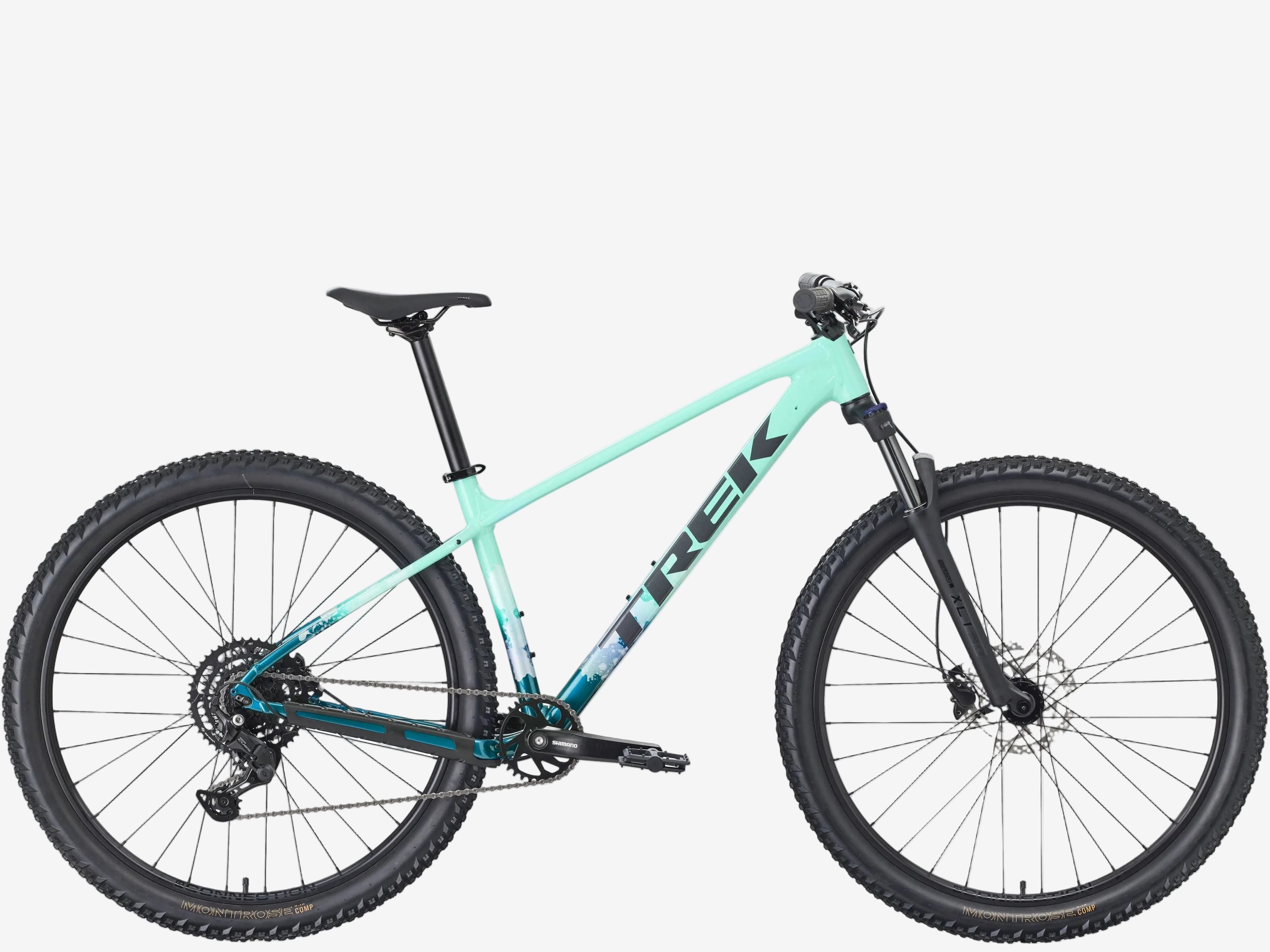 Teal mountain bike on a white background