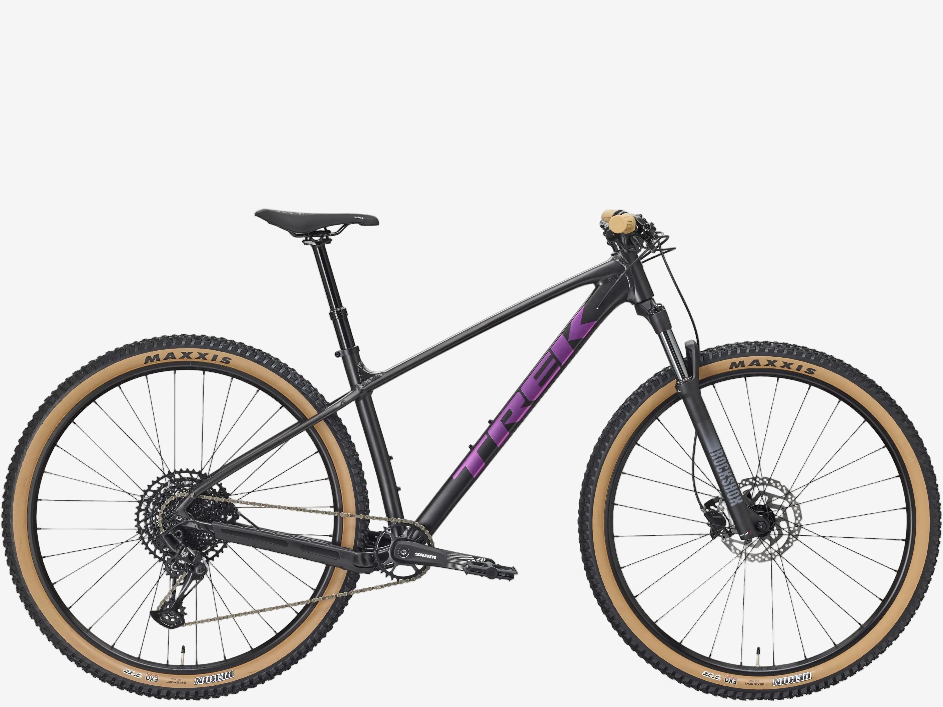 Mountain bike with black frame and purple accents on a white background