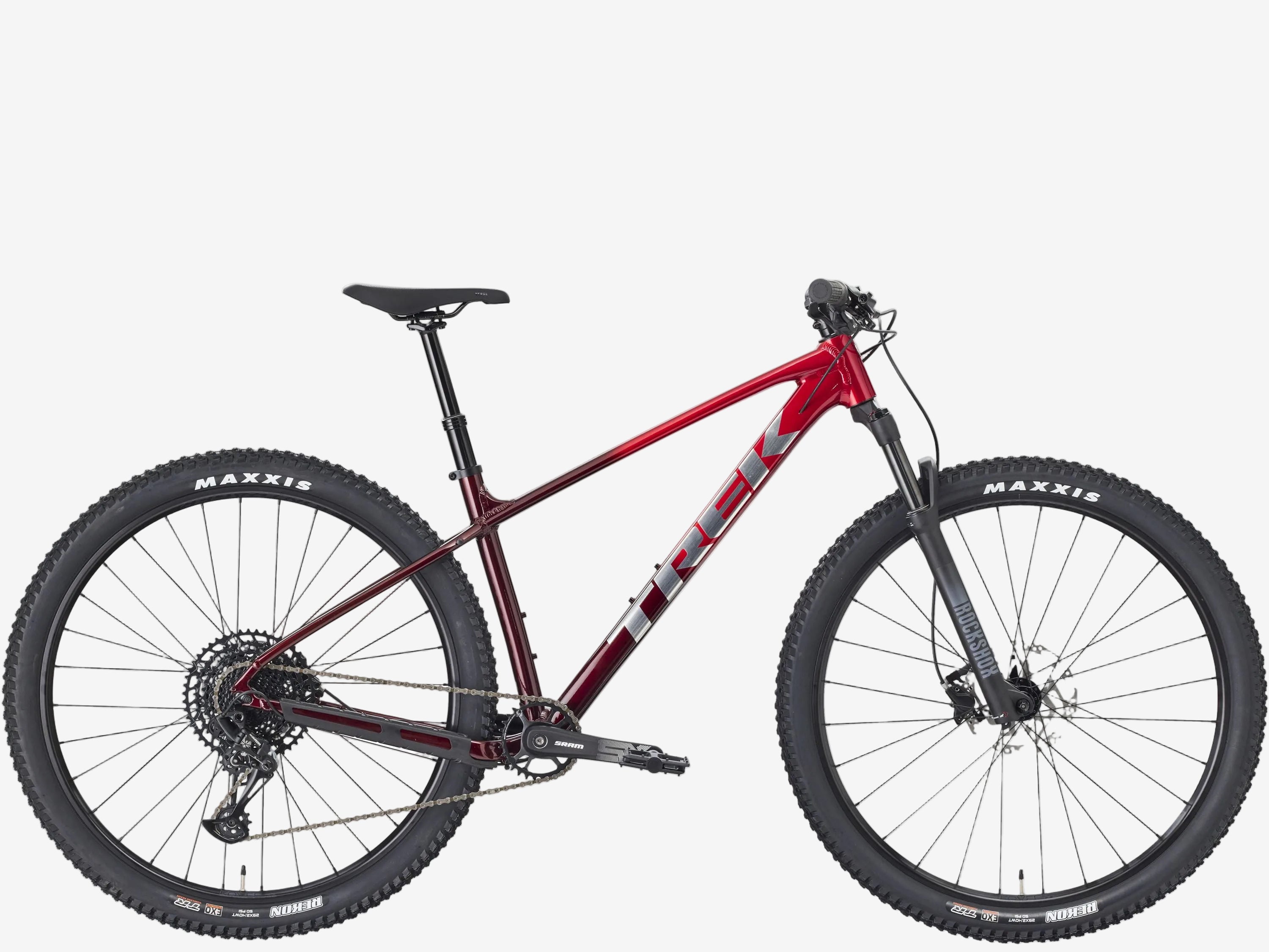 Red mountain bike with black tires on a white background
