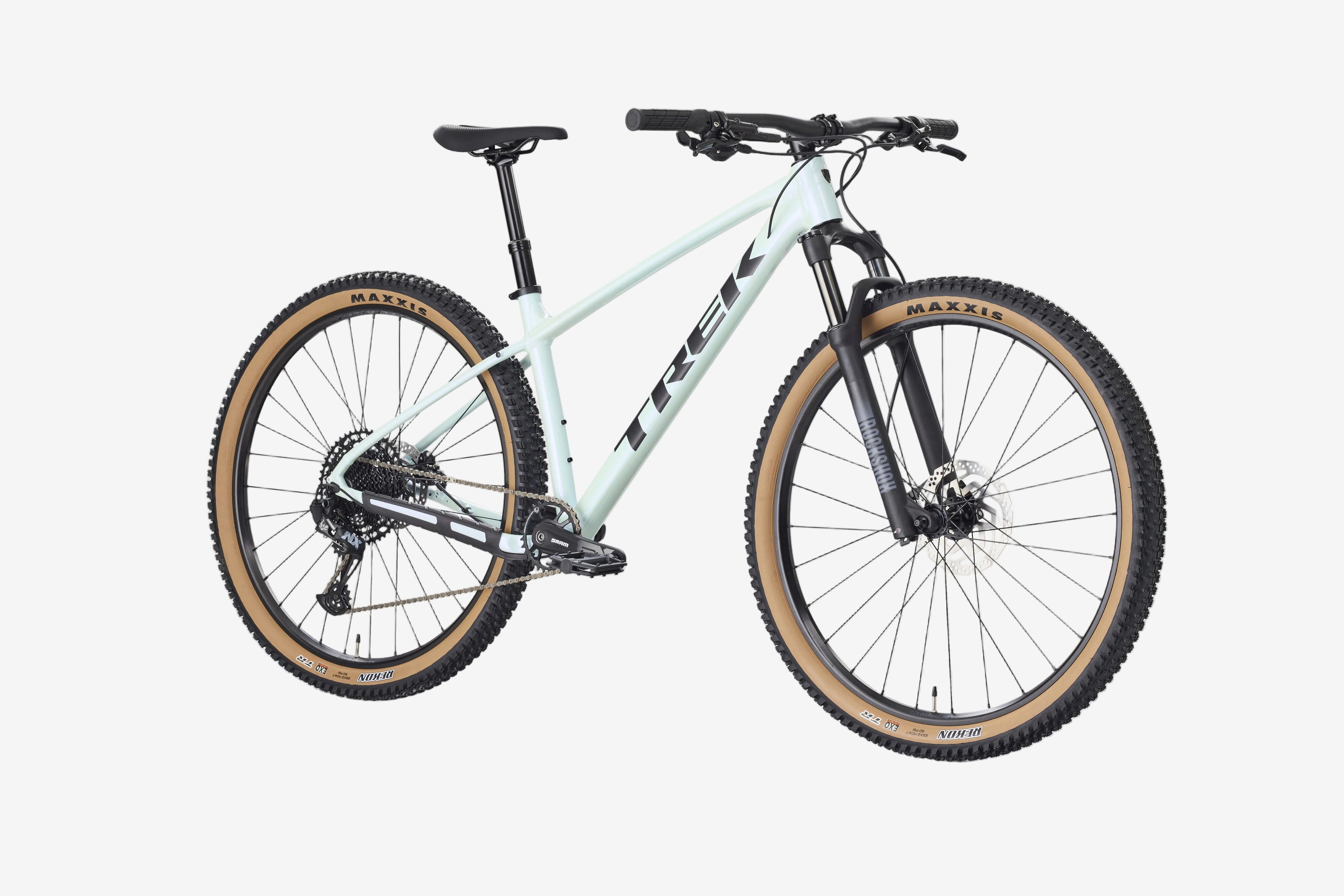 Light blue mountain bike on a white background