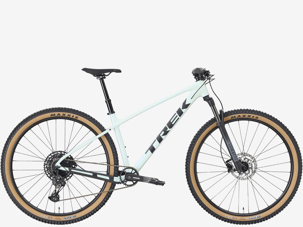White mountain bike with black components on a white background