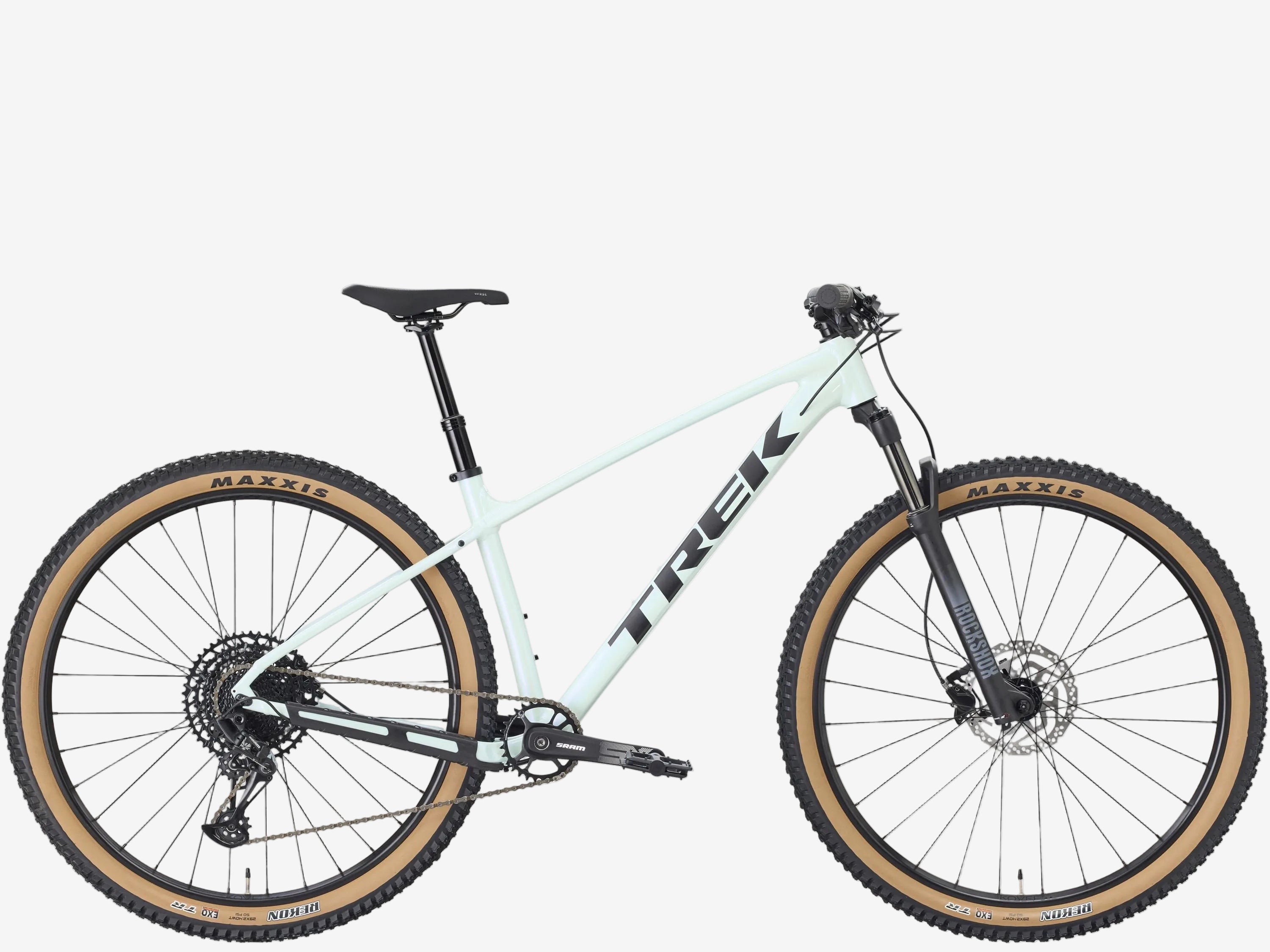 White mountain bike with black components on a white background