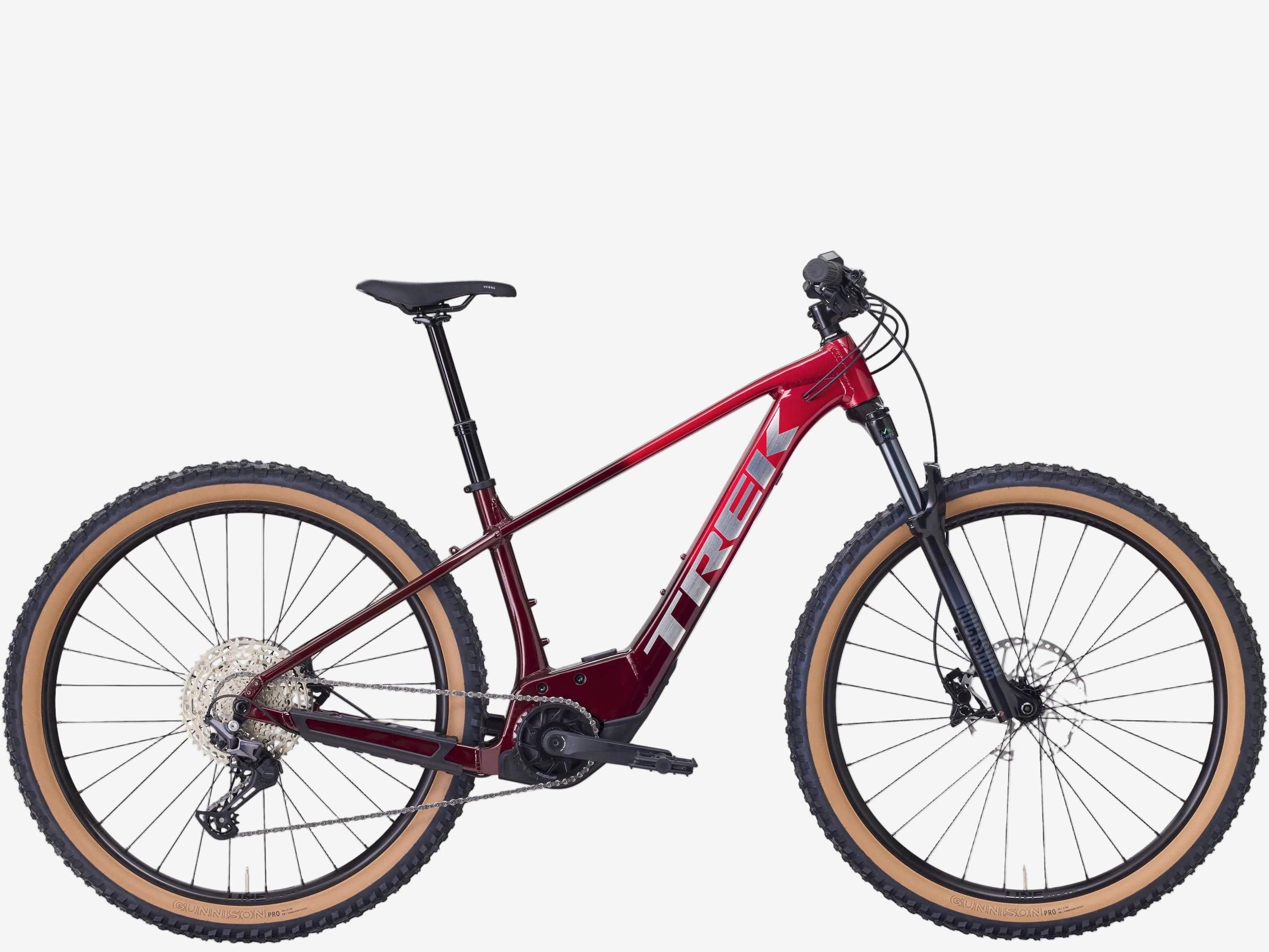 Red mountain bike with black components on a white background