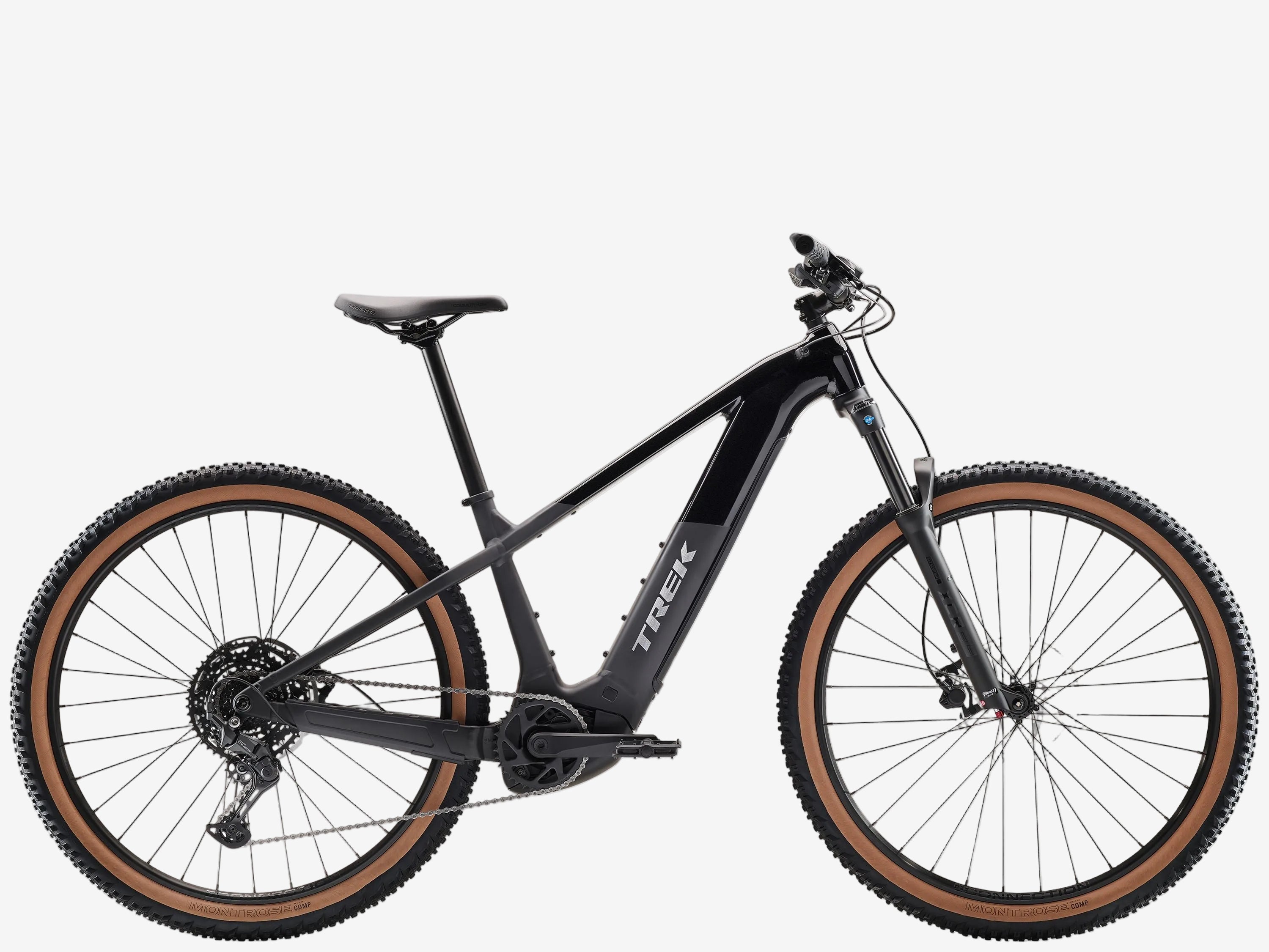 Black electric bike with brown tires on a white background