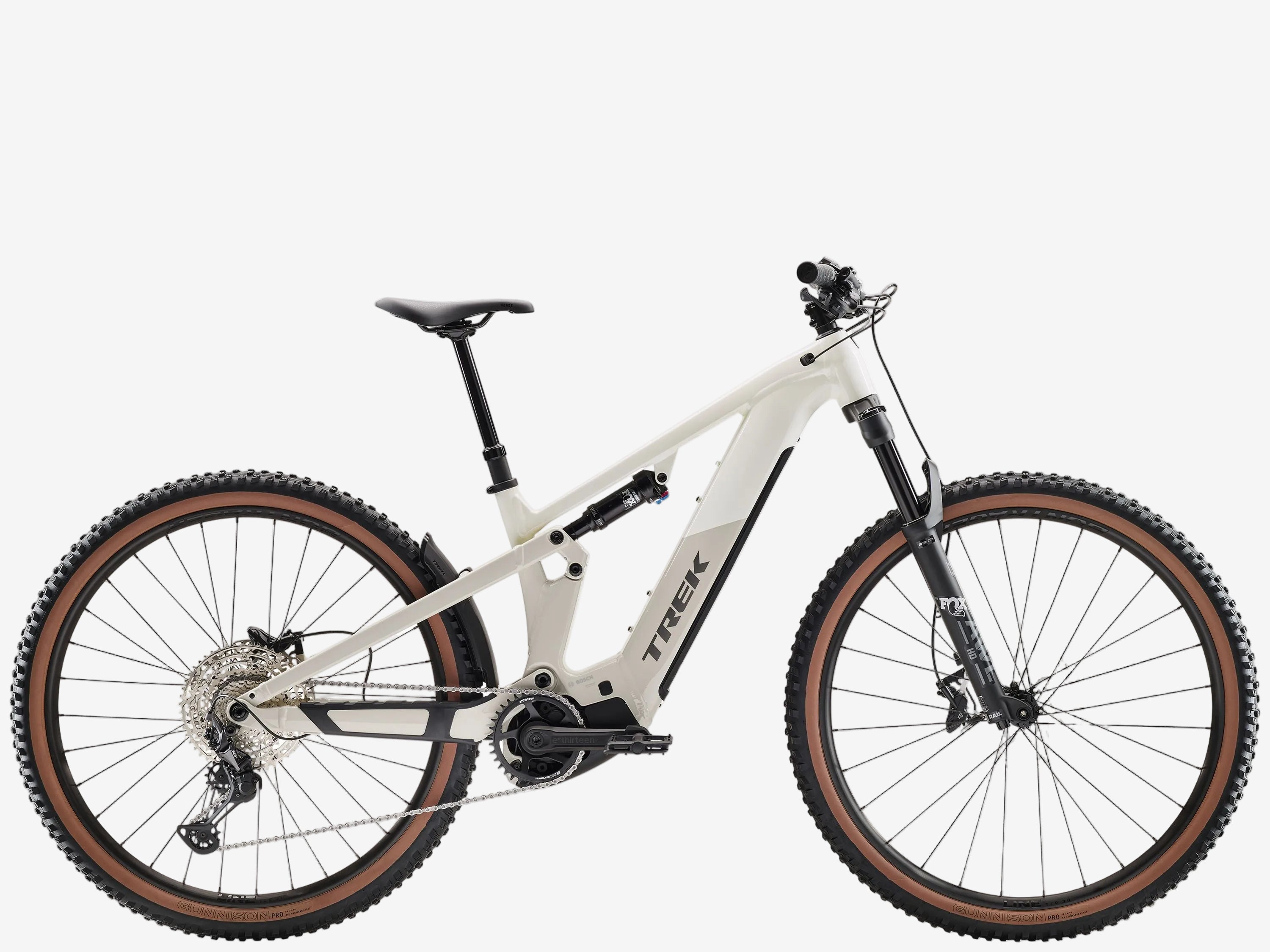 White mountain bike with brown tires on a white background