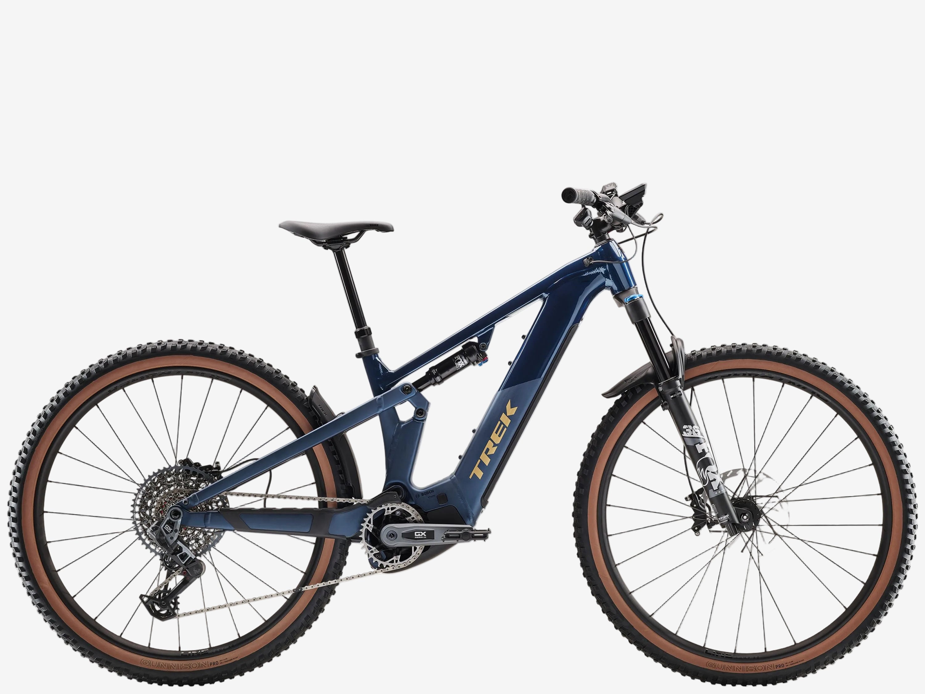 Blue mountain bike with brown tires on a white background