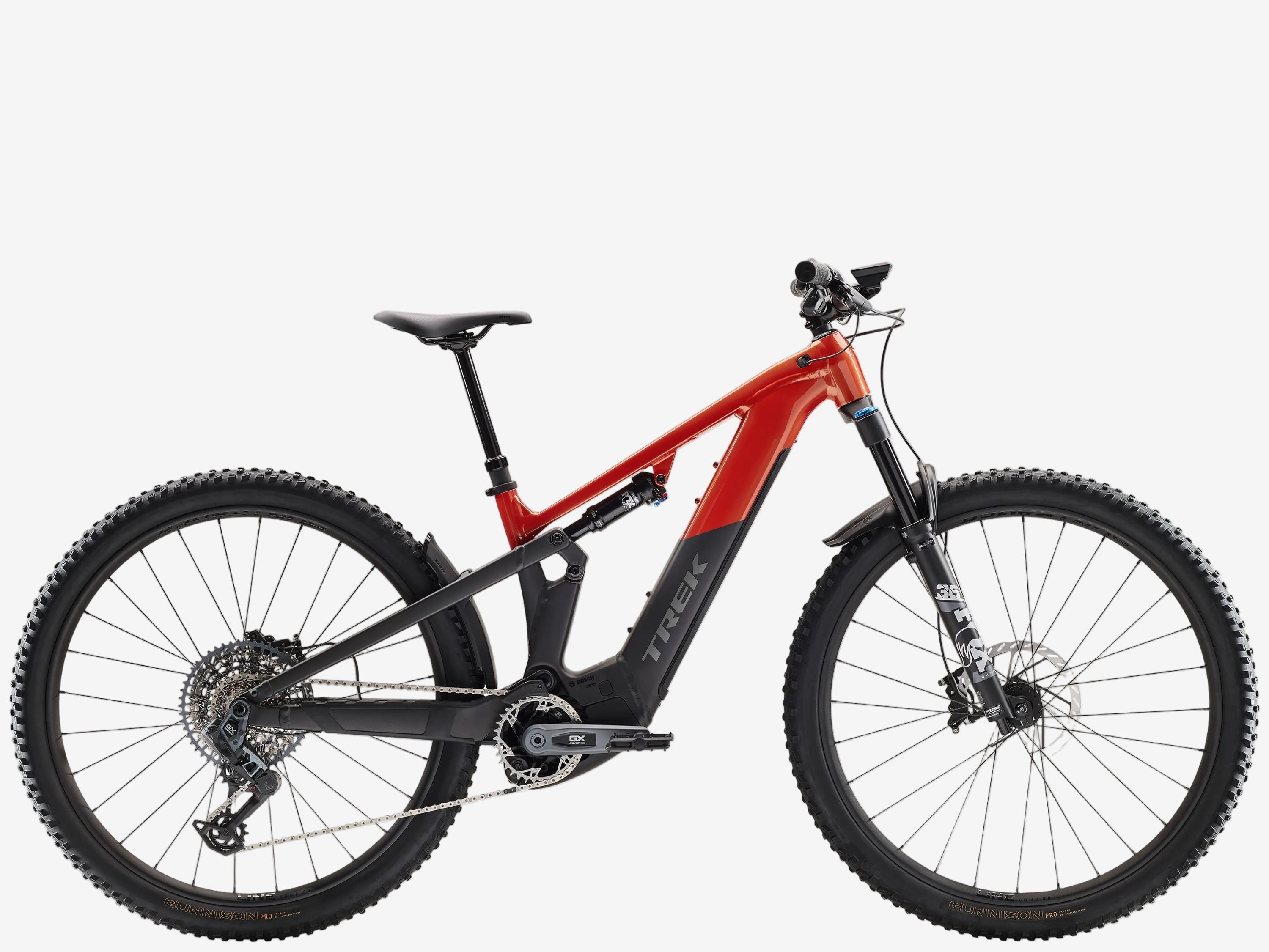 Red and black mountain bike on a white background