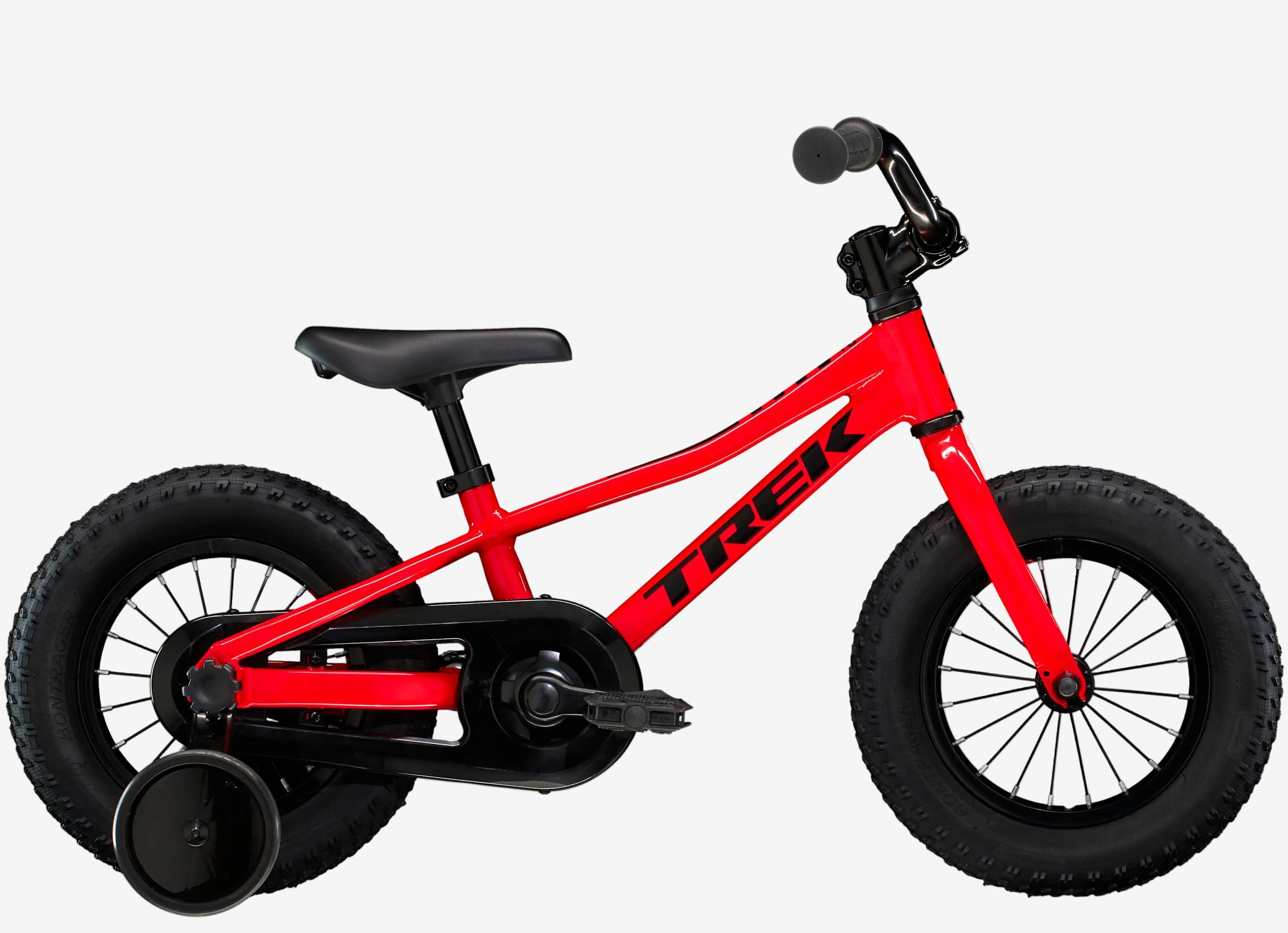Red children's bicycle with black seat and tires on a white background