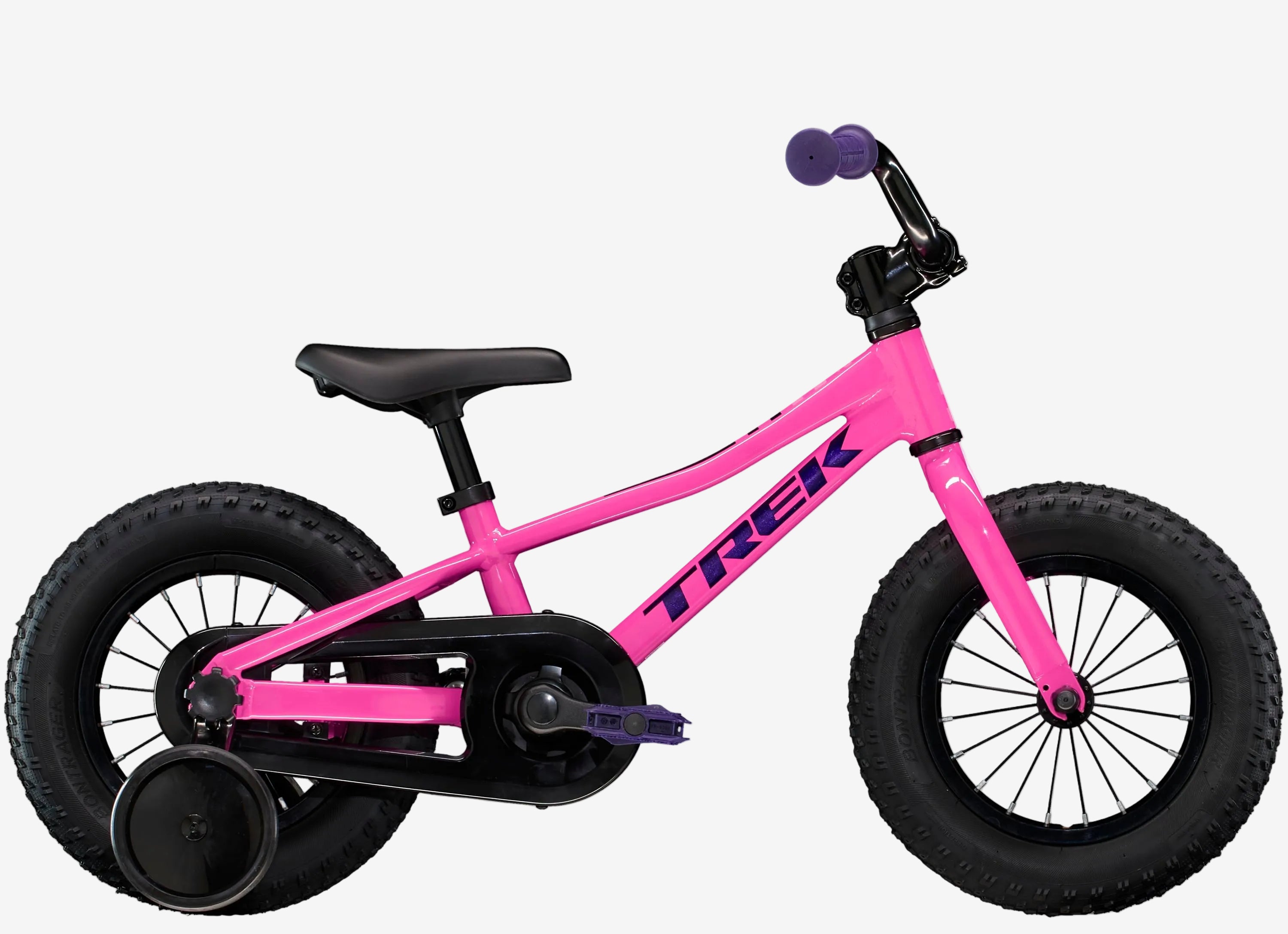 Pink balance bike with black seat and training wheels on a white background