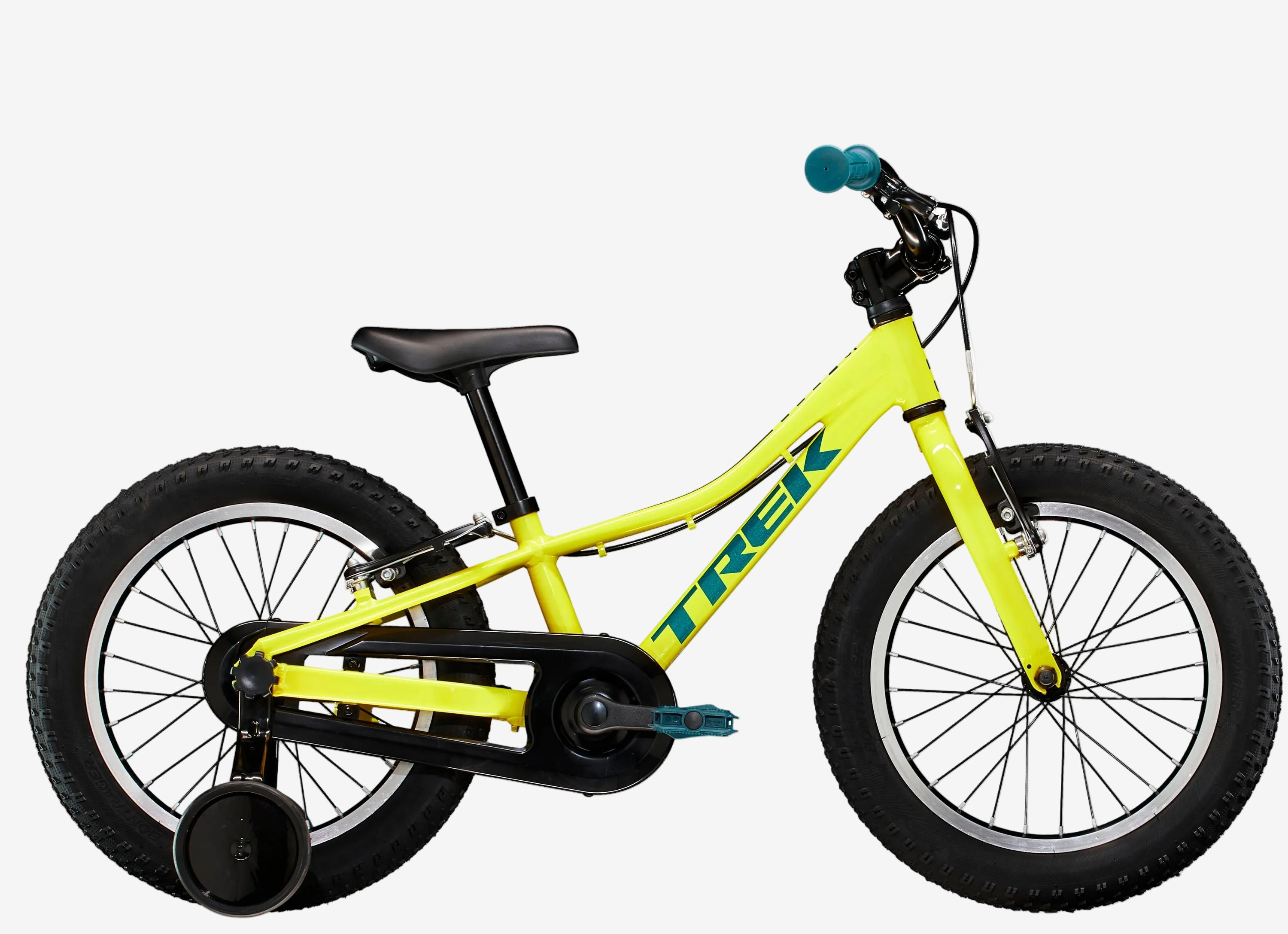 Yellow children's bicycle with black seat and tires on a white background