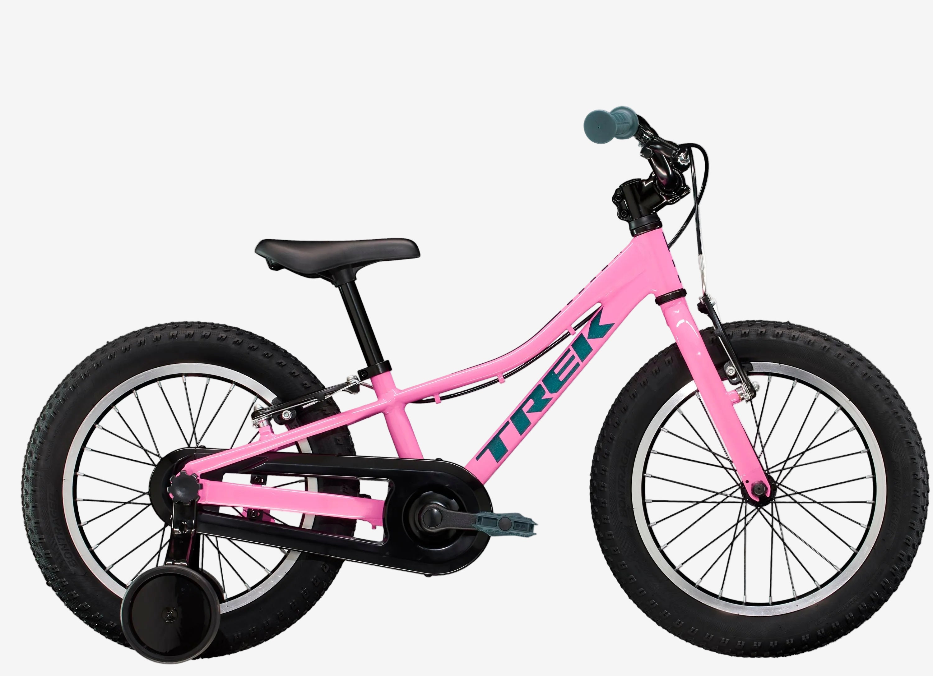 Pink children's bicycle with 'Trek' branding on a white background