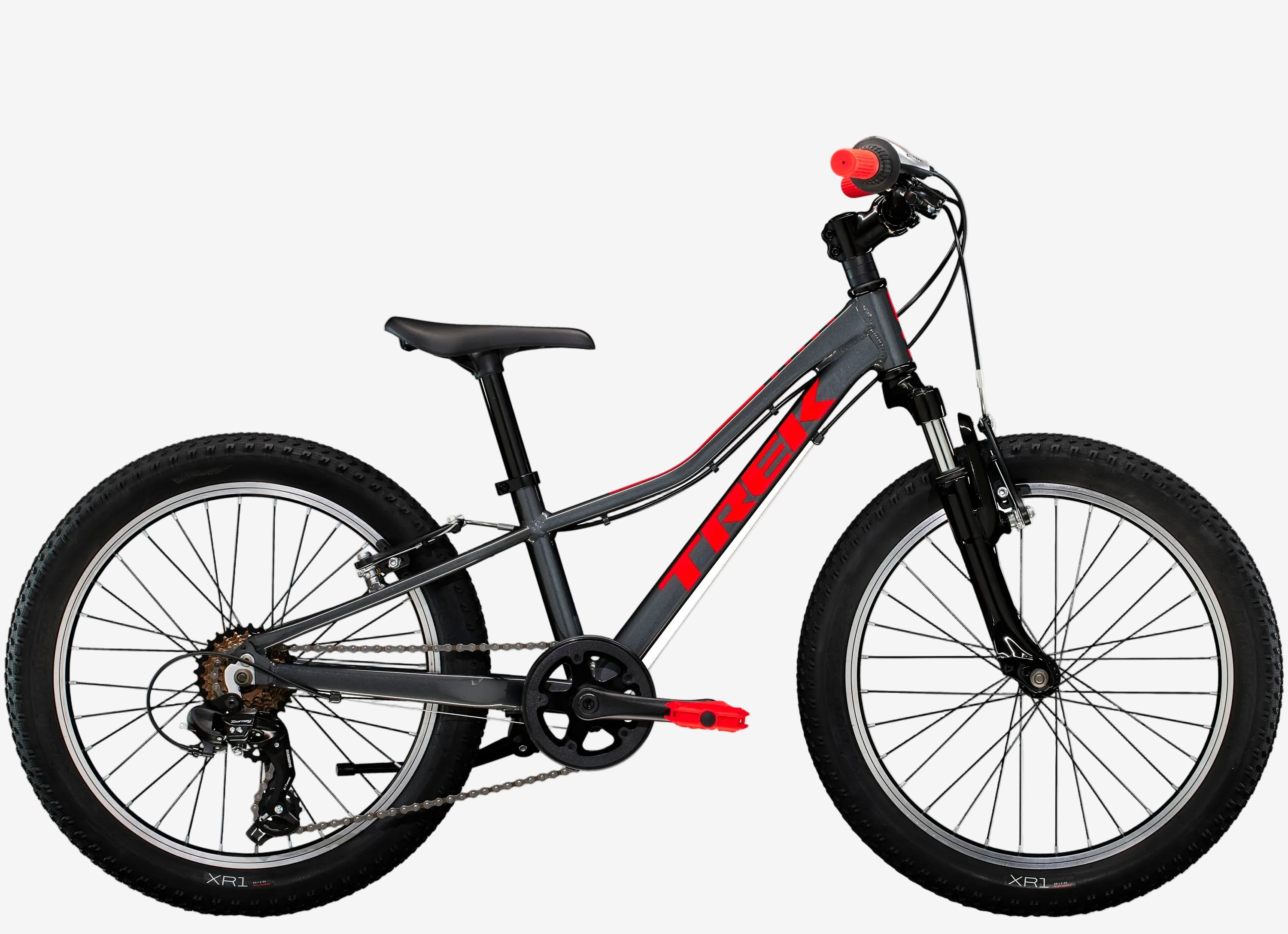 Children's bicycle with black frame and red accents on a white background