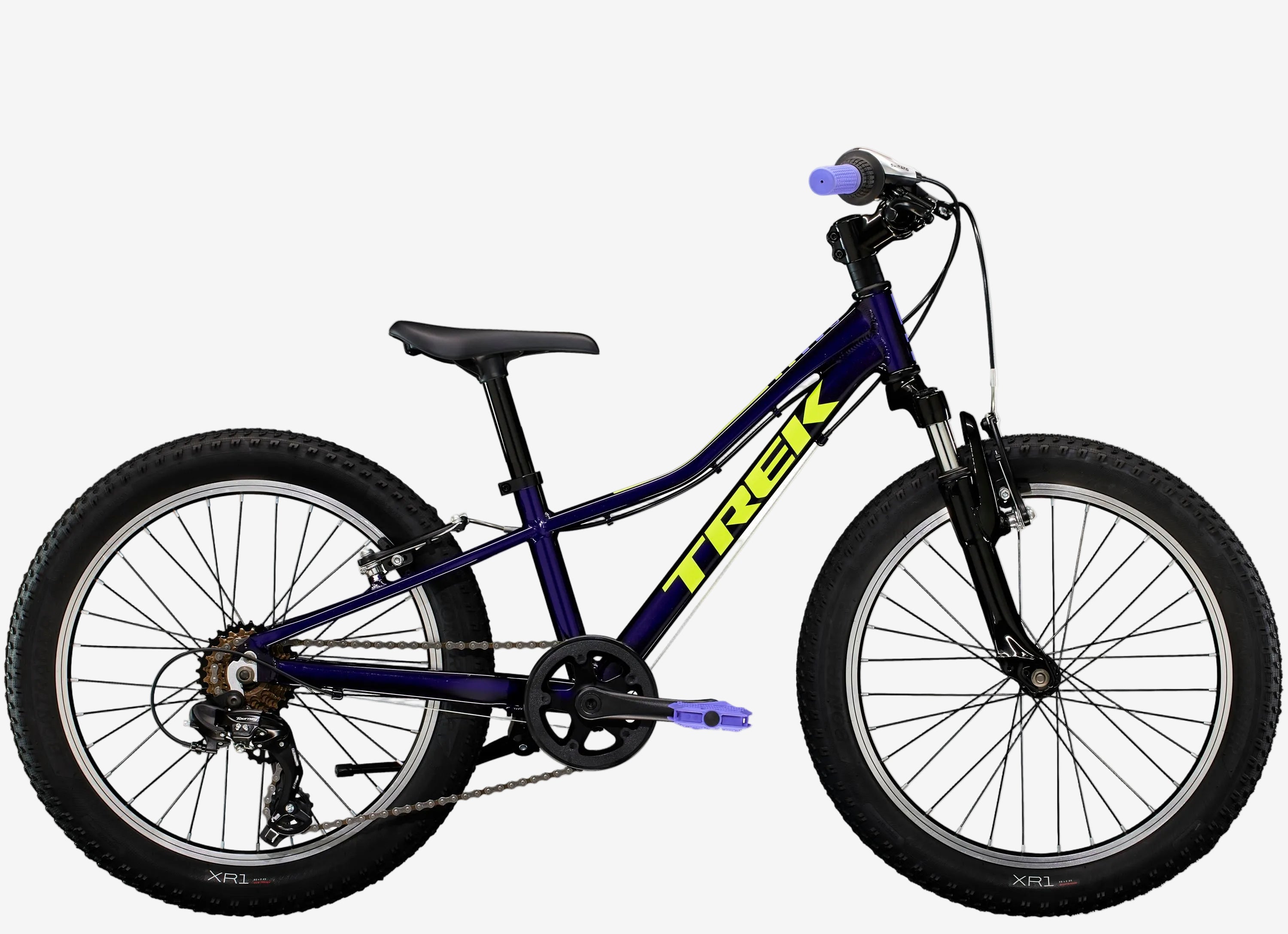 Blue children's bicycle with 'Trek' branding on a white background