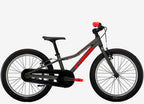 Children's bicycle with black frame and red accents on a white background
