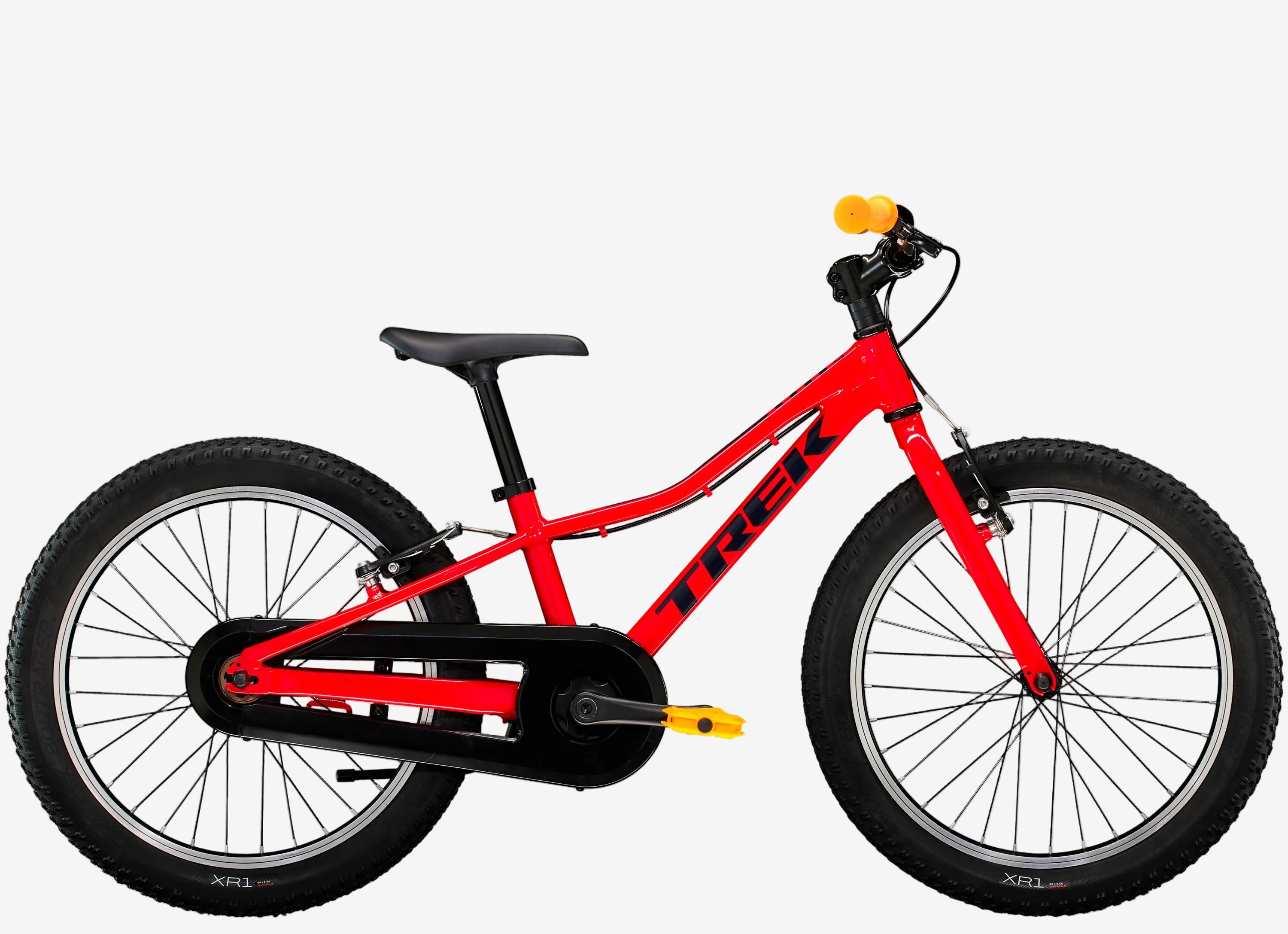Red children's bicycle with black seat and tires on a white background