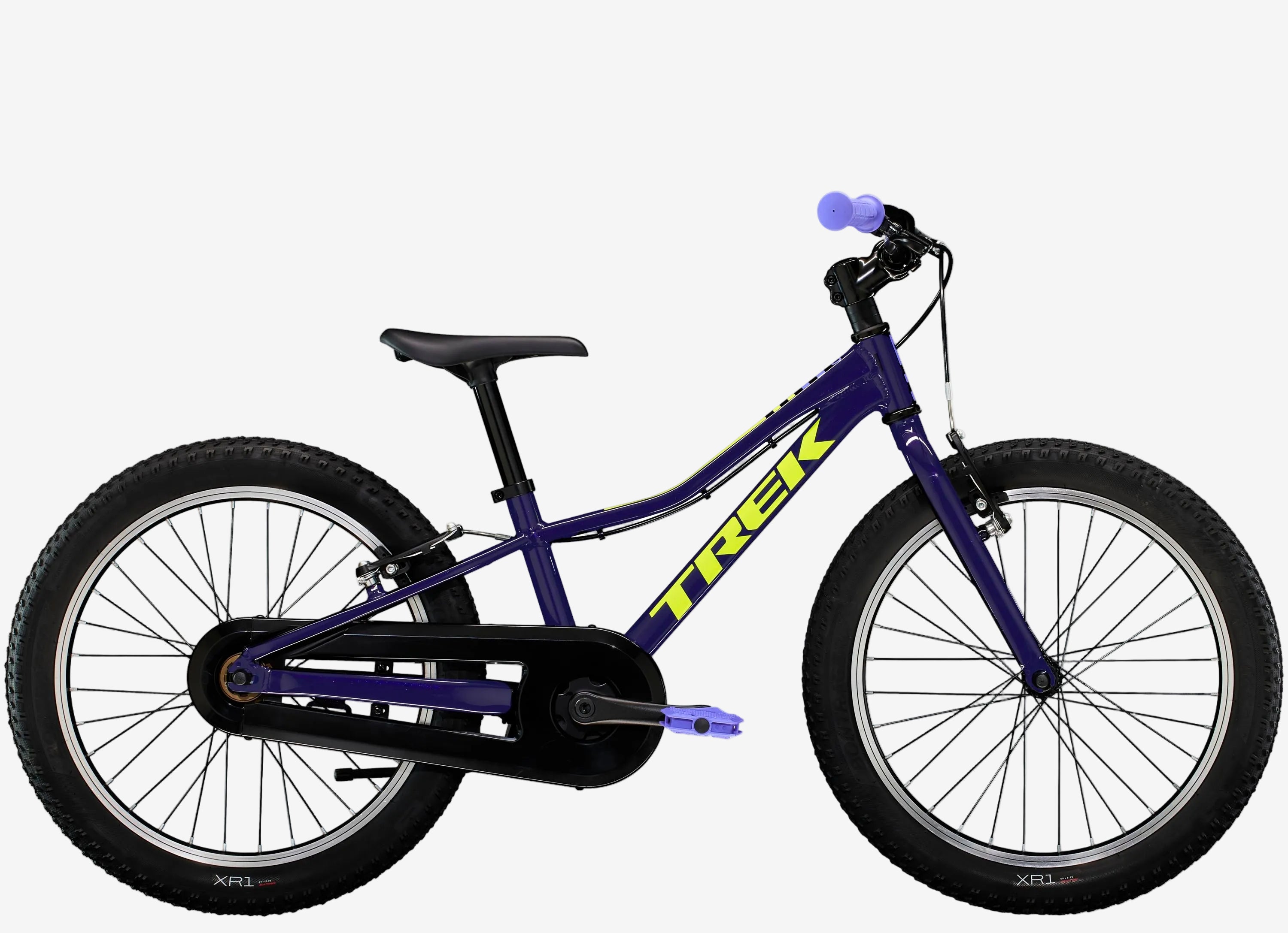 Children's bicycle with purple frame and black tires on a white background