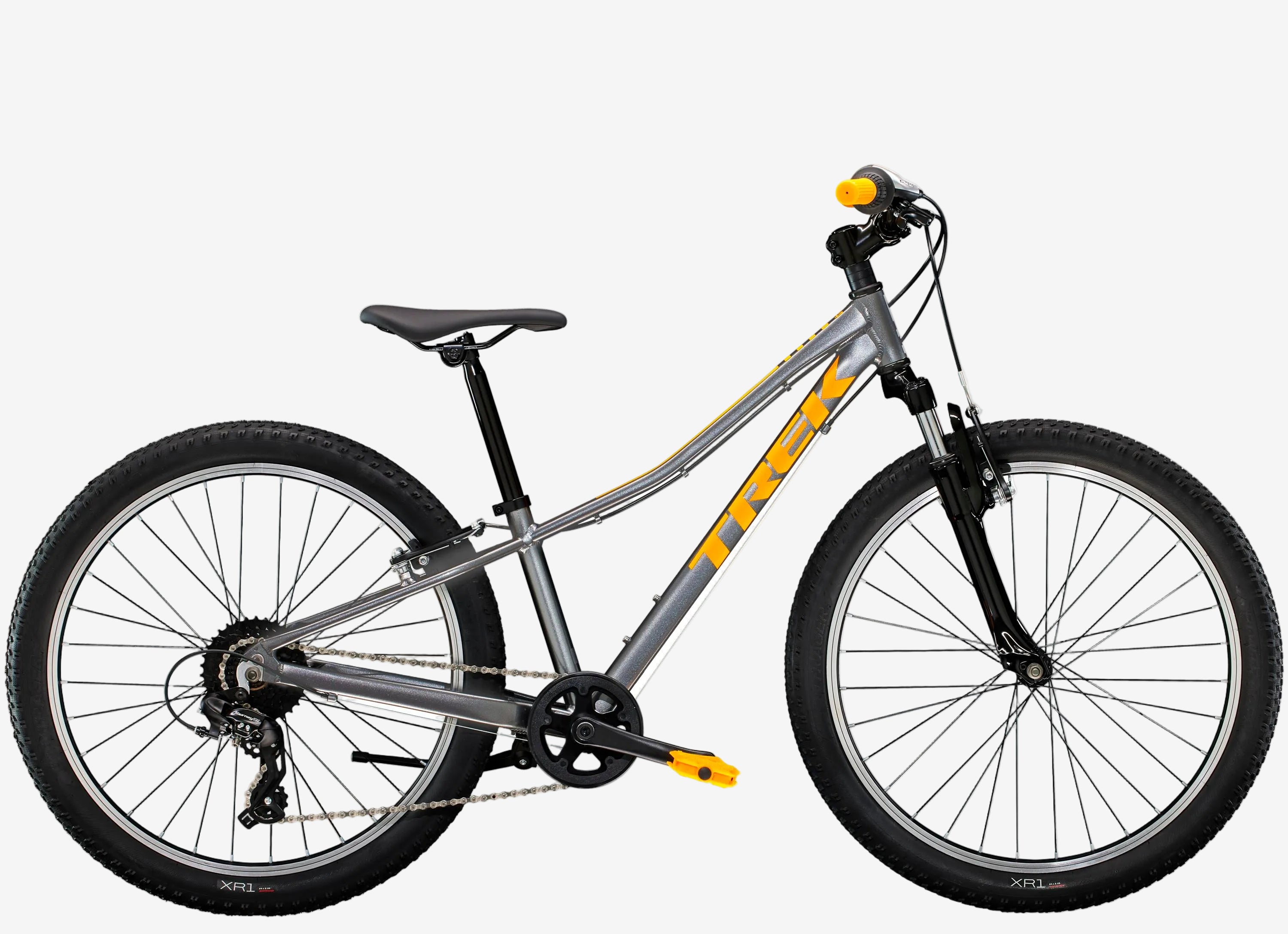 Gray bicycle with yellow accents on a white background