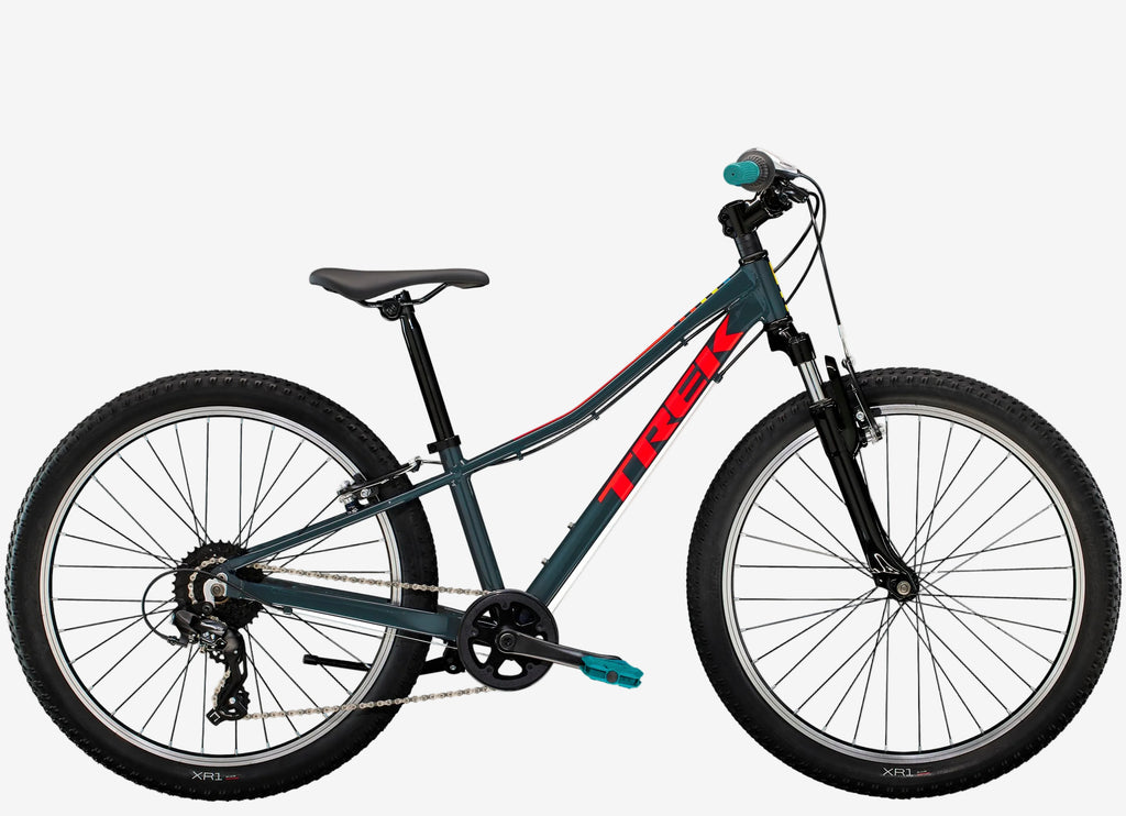 Children's bicycle with a black frame and red accents on a white background