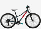 Children's bicycle with a black frame and red accents on a white background