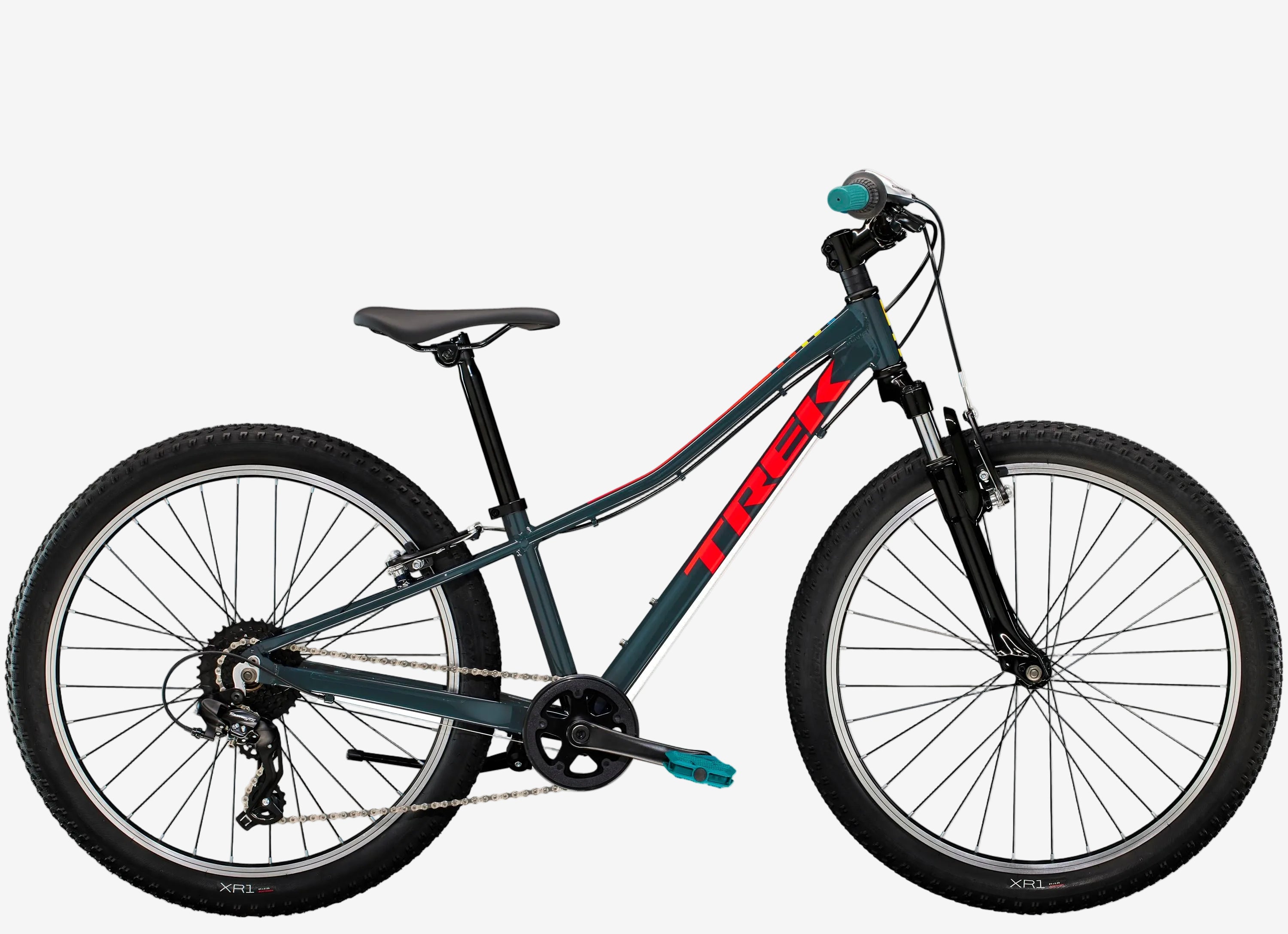 Children's bicycle with a black frame and red accents on a white background