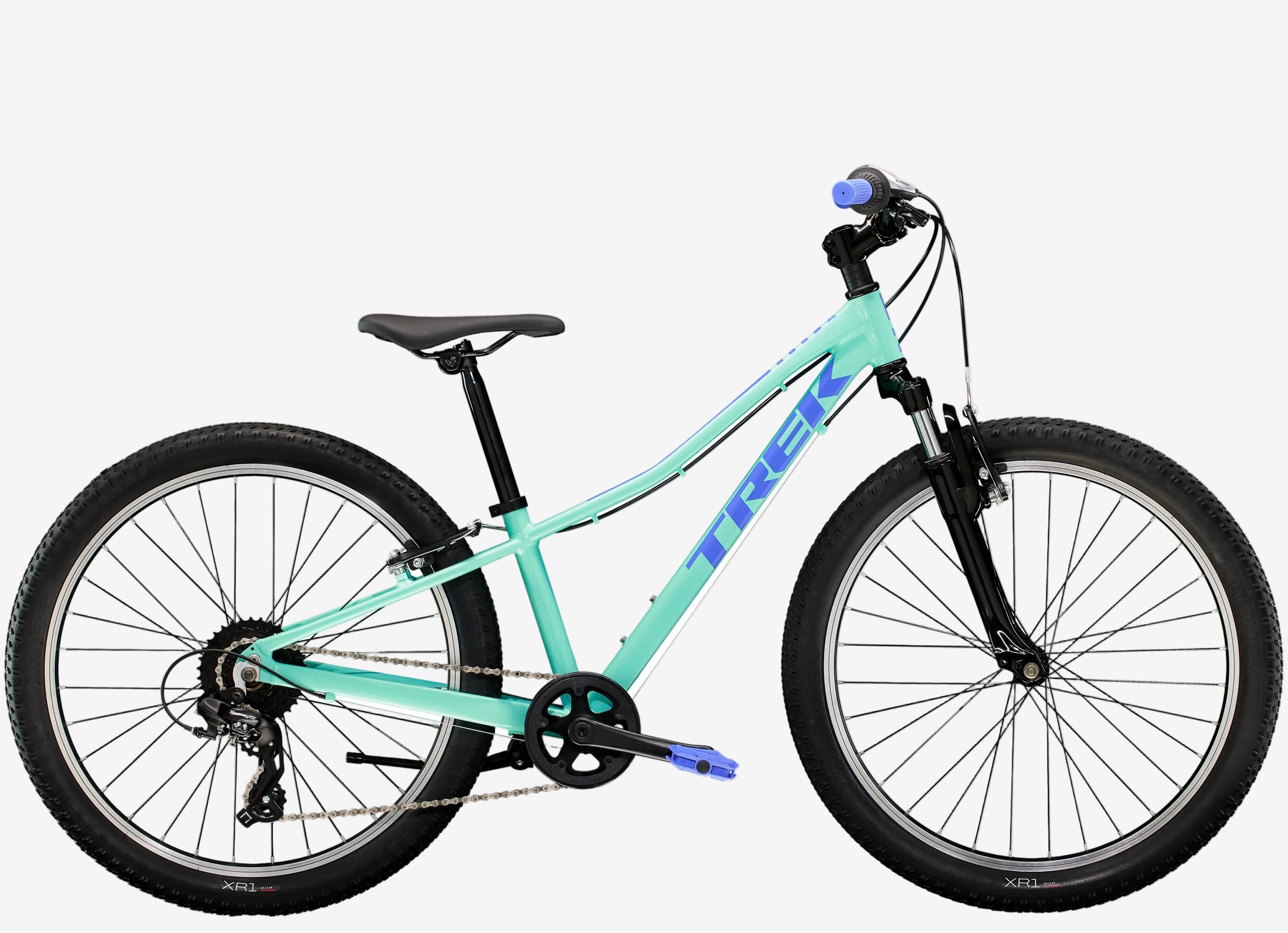Mint green bicycle with black wheels on a white background