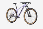 Purple mountain bike with black components on a white background