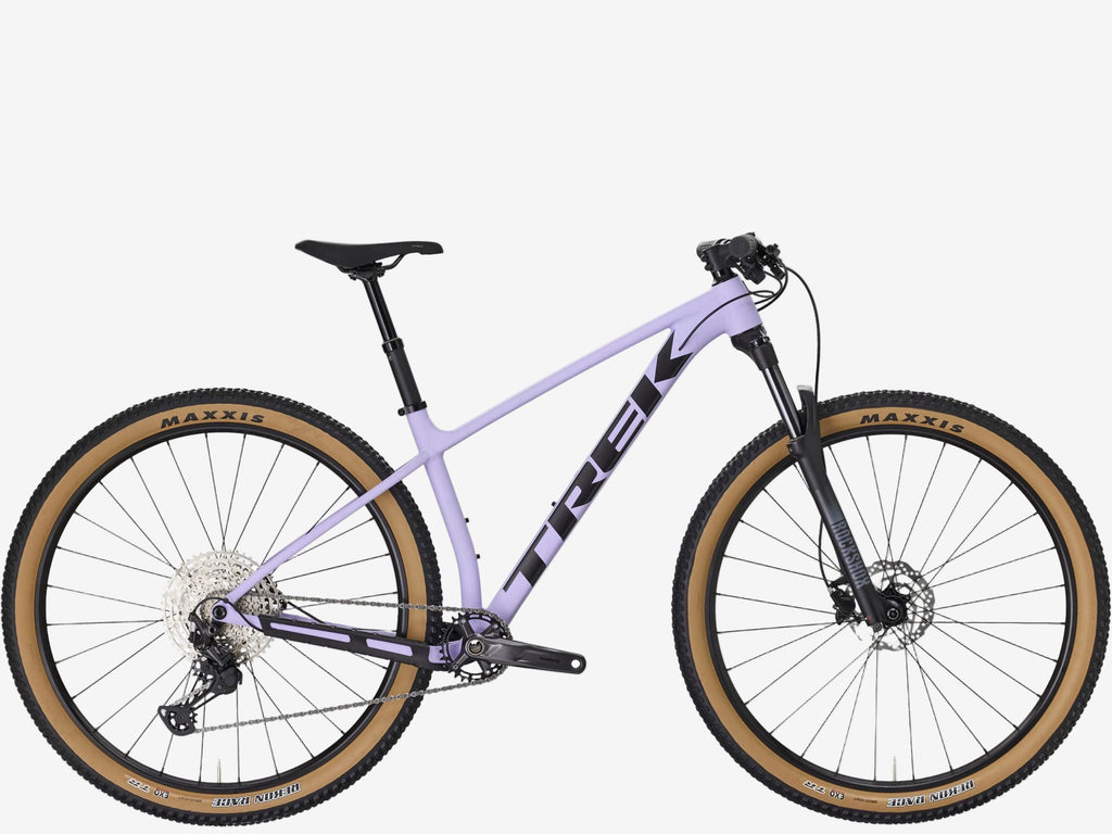Mountain bike with a purple frame on a white background