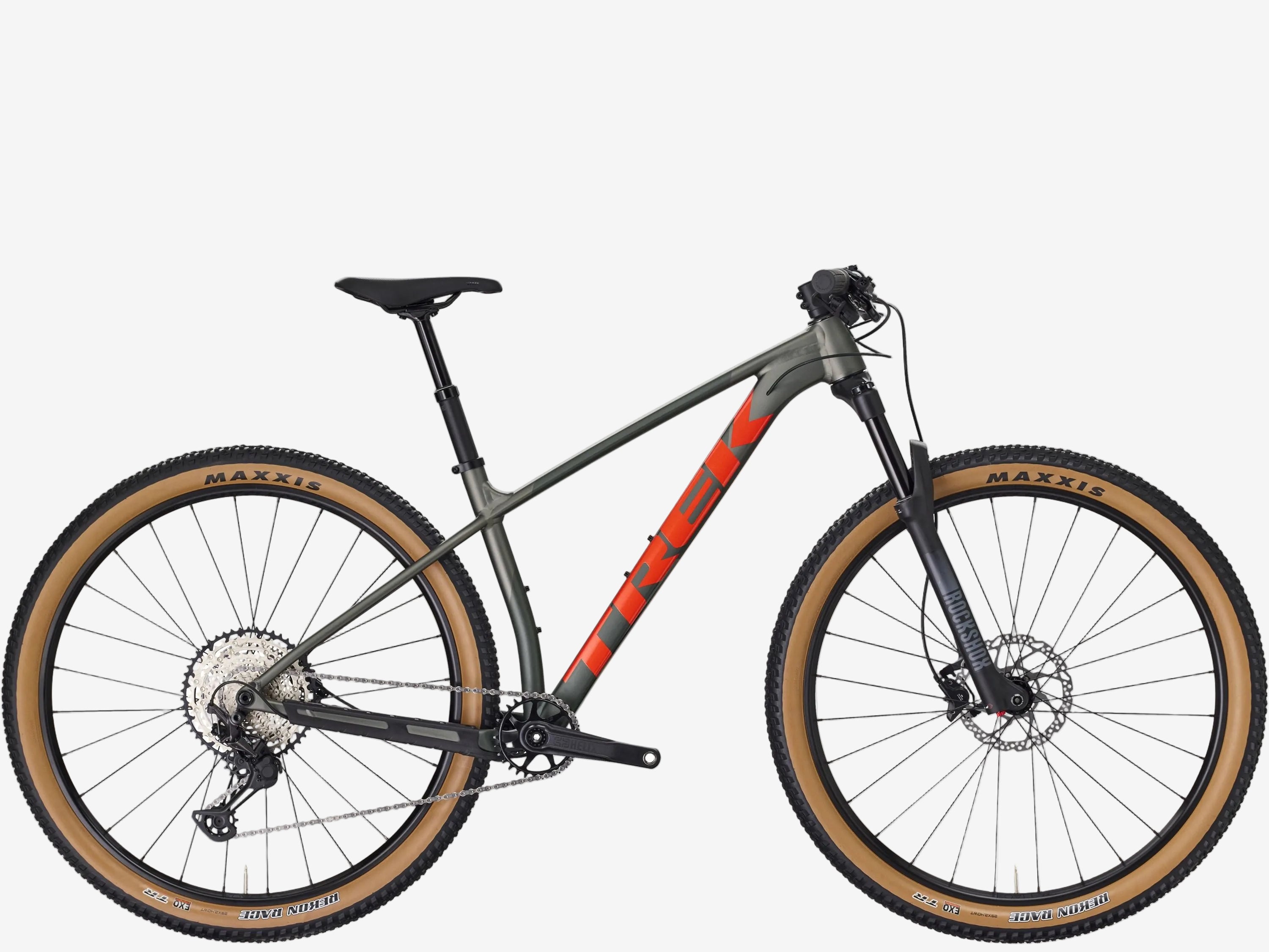 Mountain bike with a gray frame and orange accents on a white background
