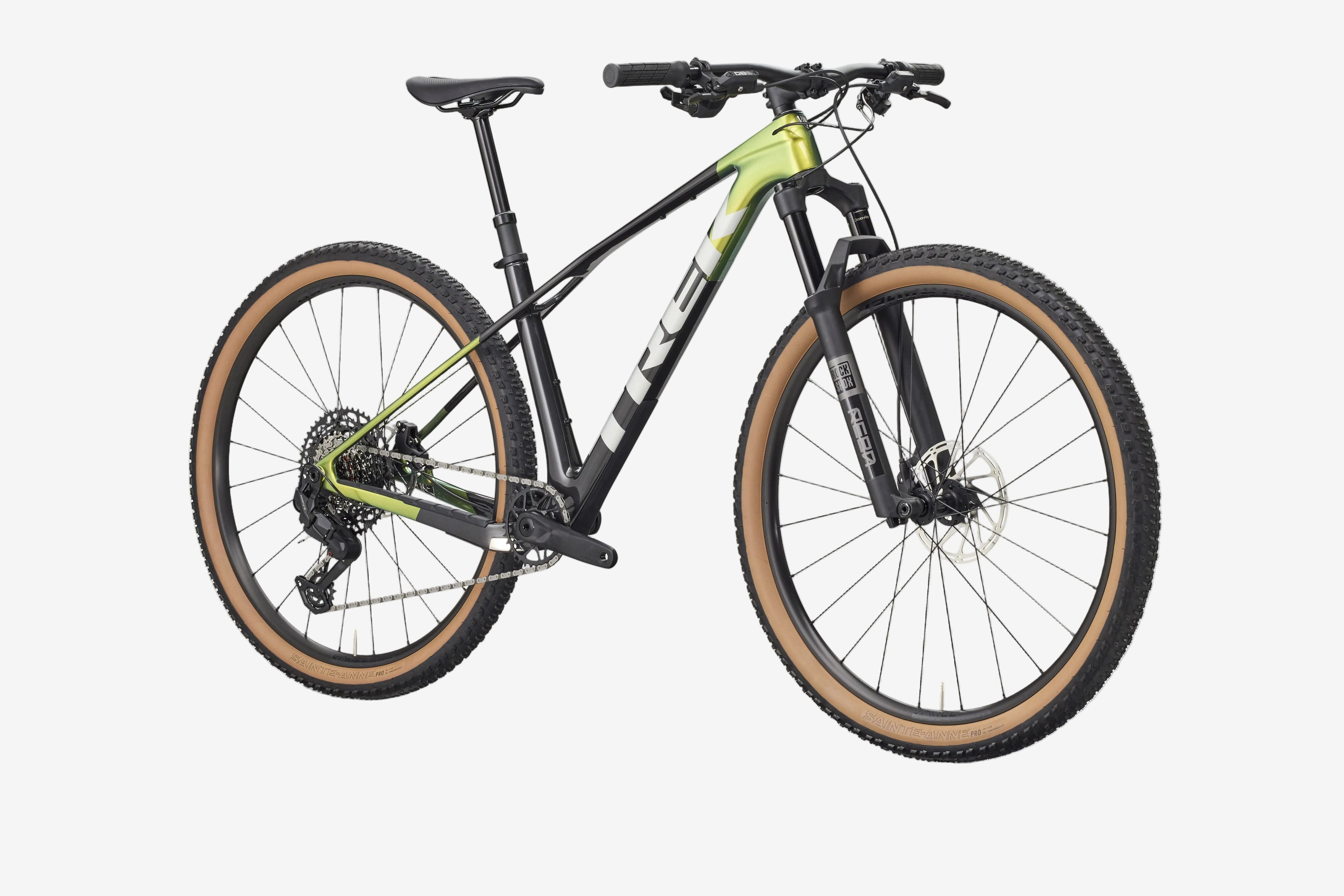 Mountain bike with black frame and green accents on a white background