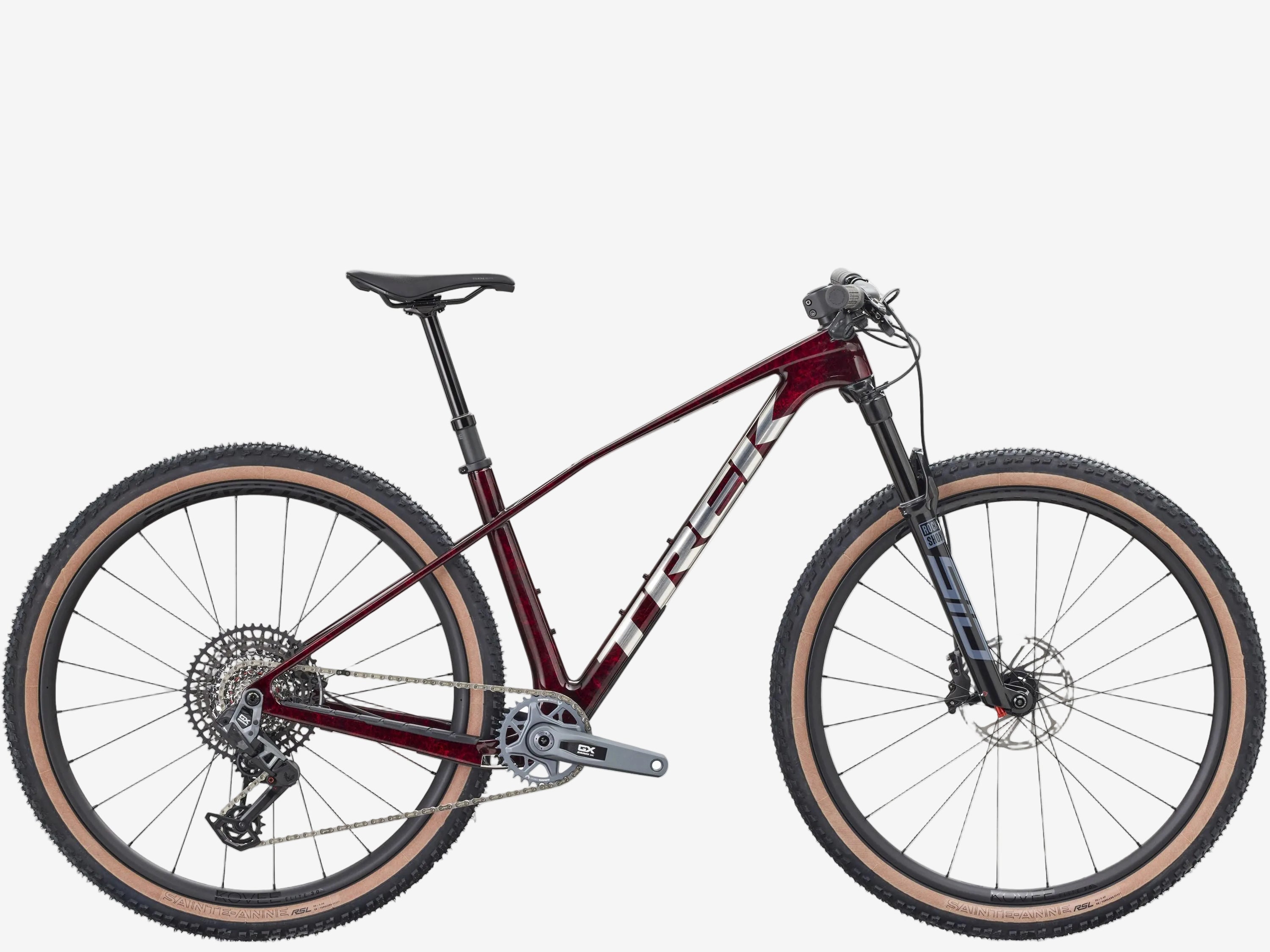 Mountain bike with maroon frame and black components on a white background