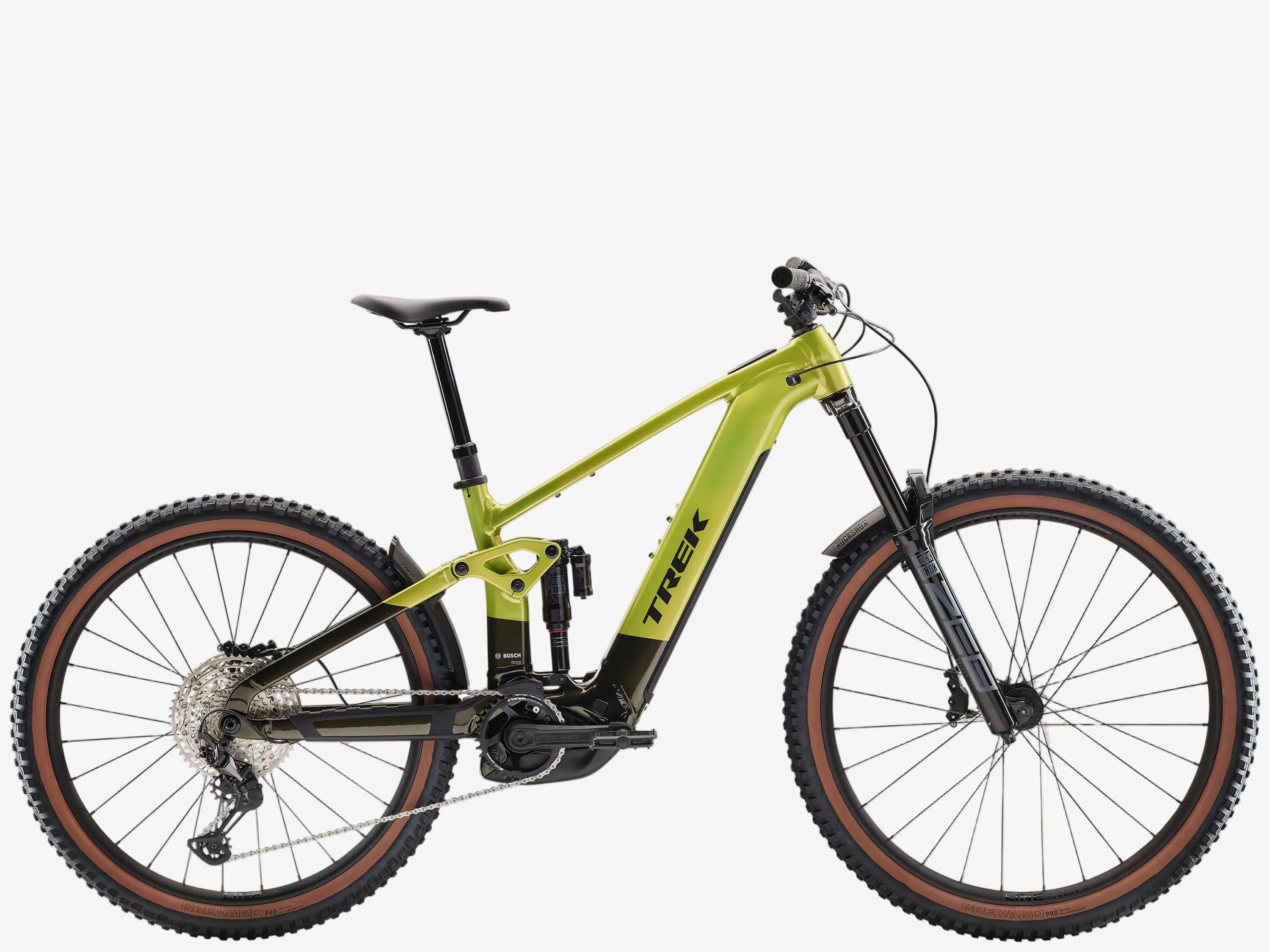 Green mountain bike with brown tires on a white background