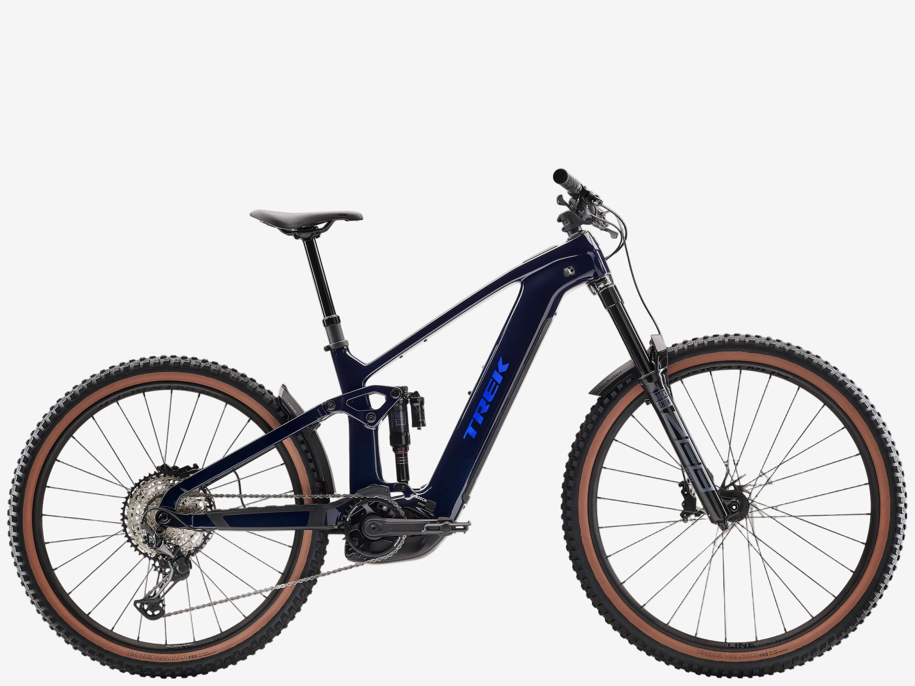 Blue mountain bike with brown tires on a white background