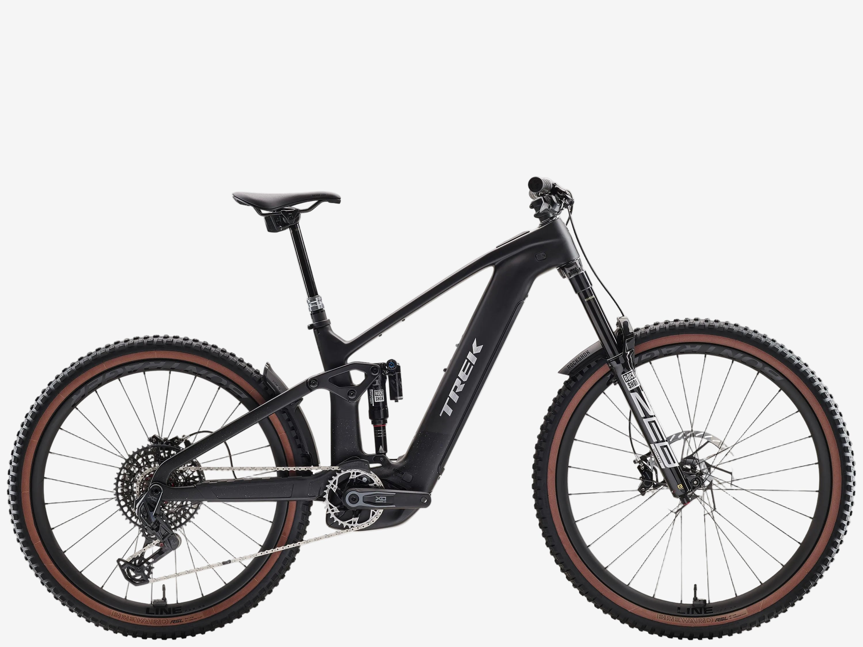 Black electric bike with brown tires on a white background