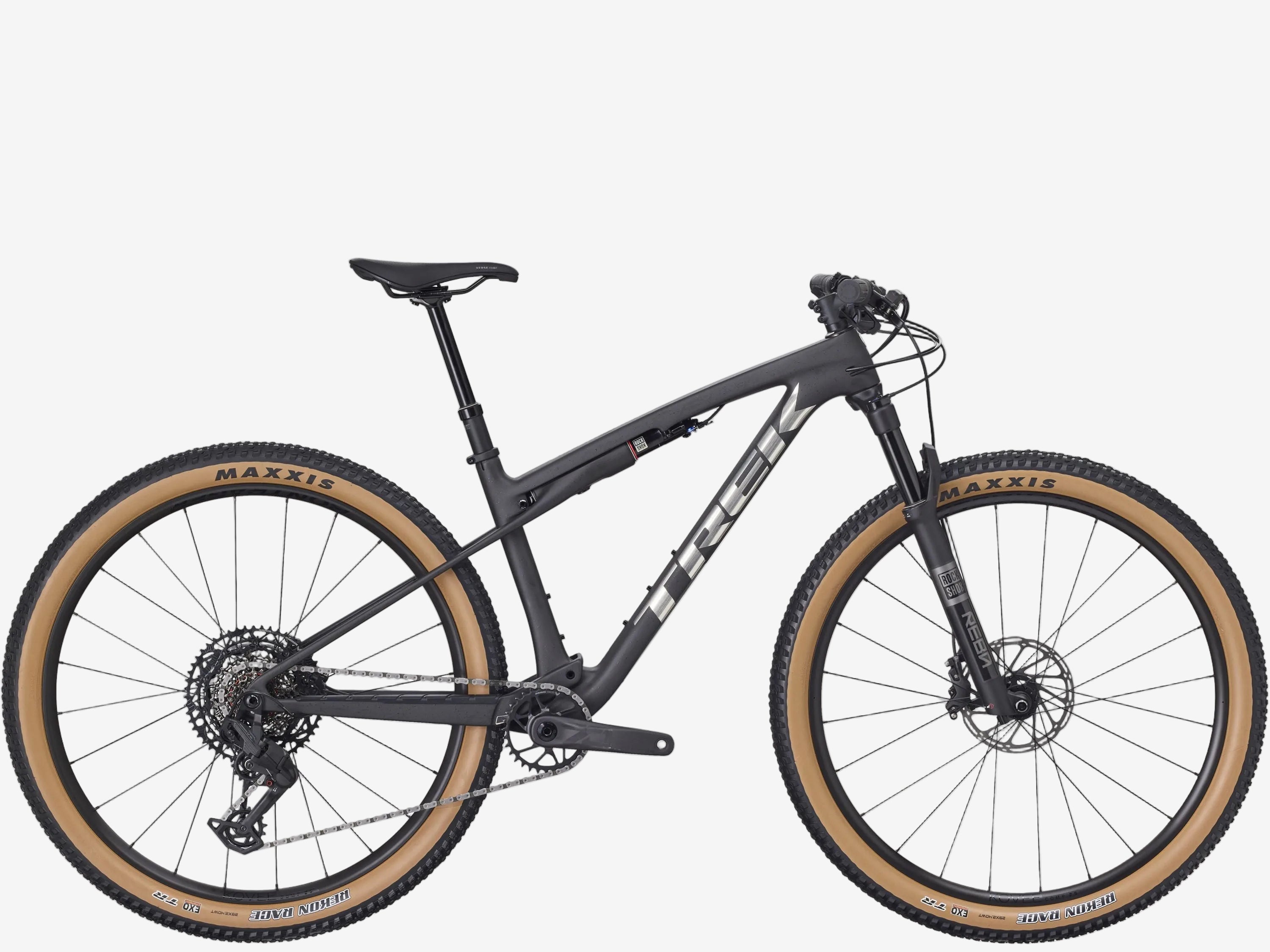 Black mountain bike with tan tires on a white background