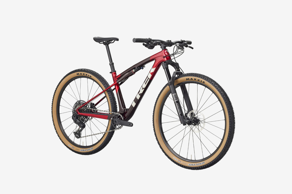 Mountain bike with red and black frame on a white background